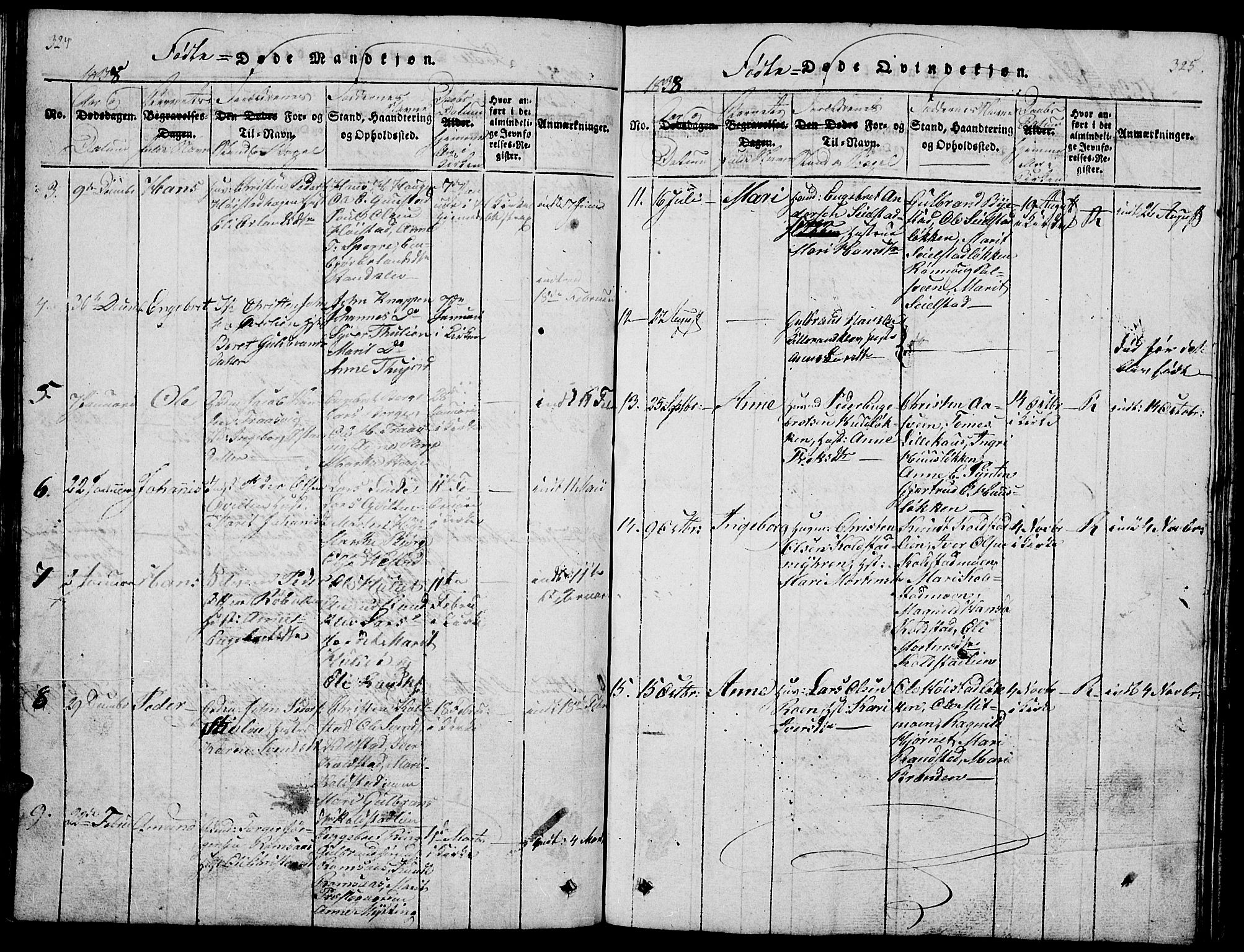 Ringebu prestekontor, SAH/PREST-082/H/Ha/Hab/L0001: Parish register (copy) no. 1, 1821-1839, p. 324-325