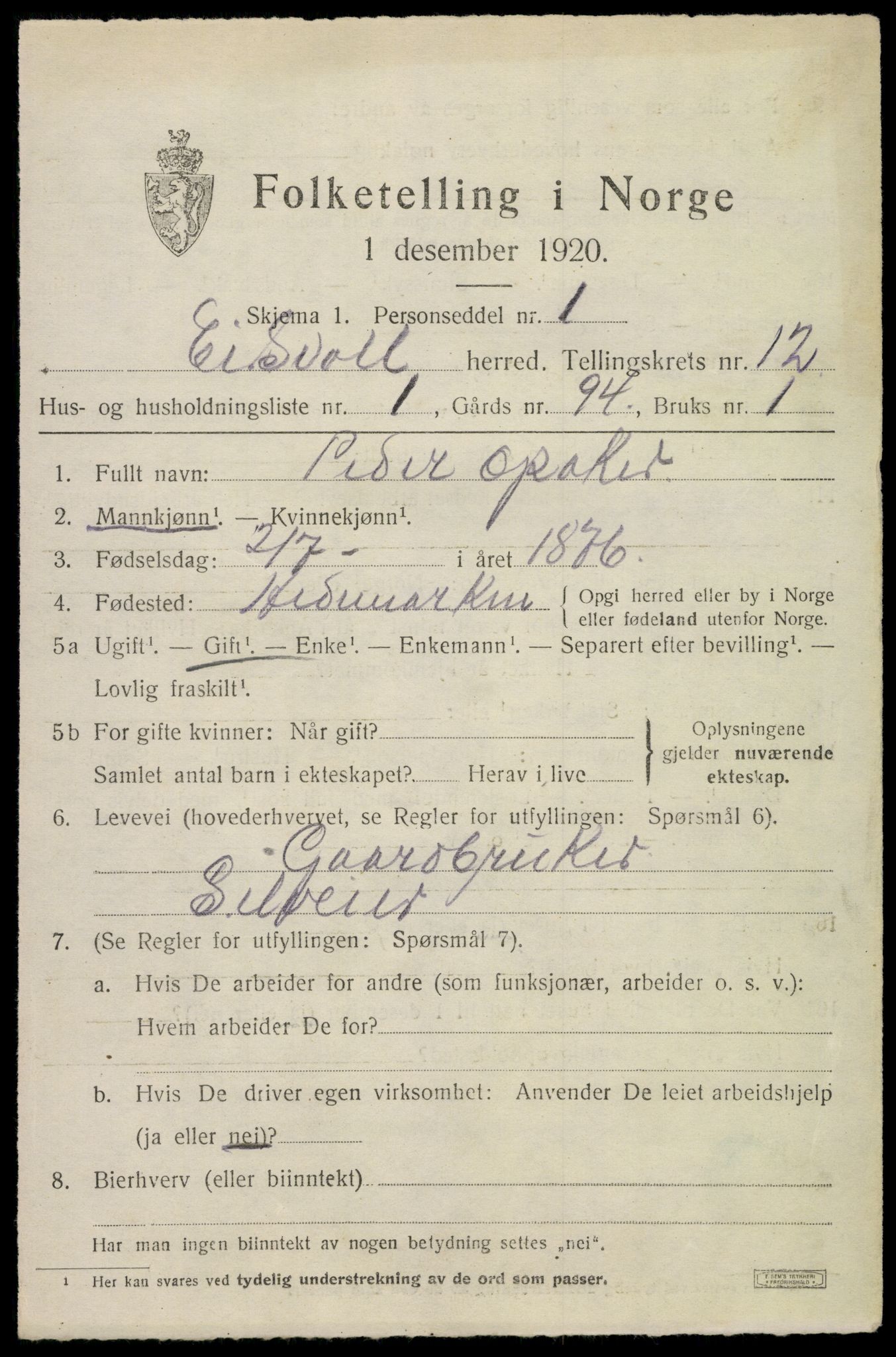 SAO, 1920 census for Eidsvoll, 1920, p. 18415