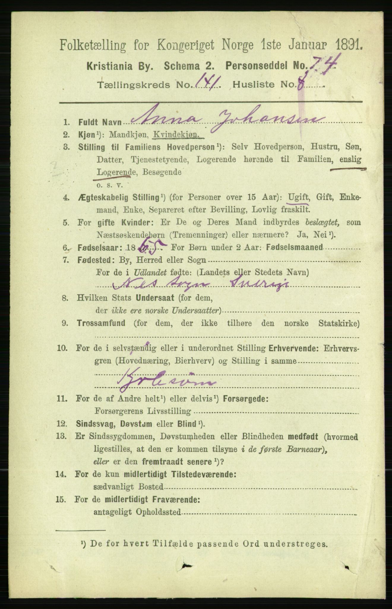 RA, 1891 census for 0301 Kristiania, 1891, p. 78313