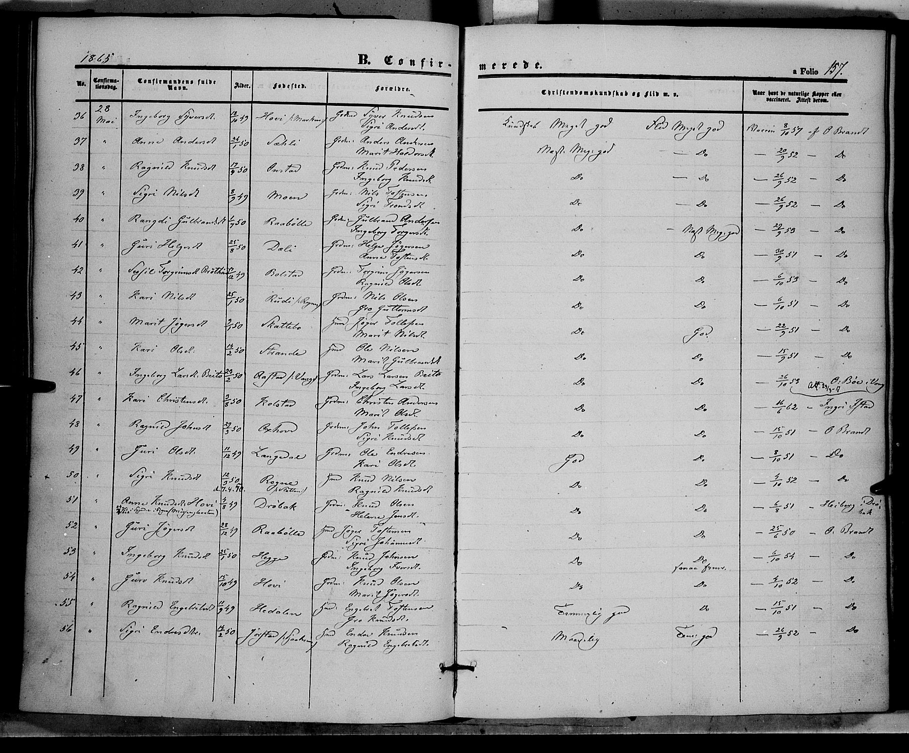 Øystre Slidre prestekontor, SAH/PREST-138/H/Ha/Haa/L0001: Parish register (official) no. 1, 1849-1874, p. 157