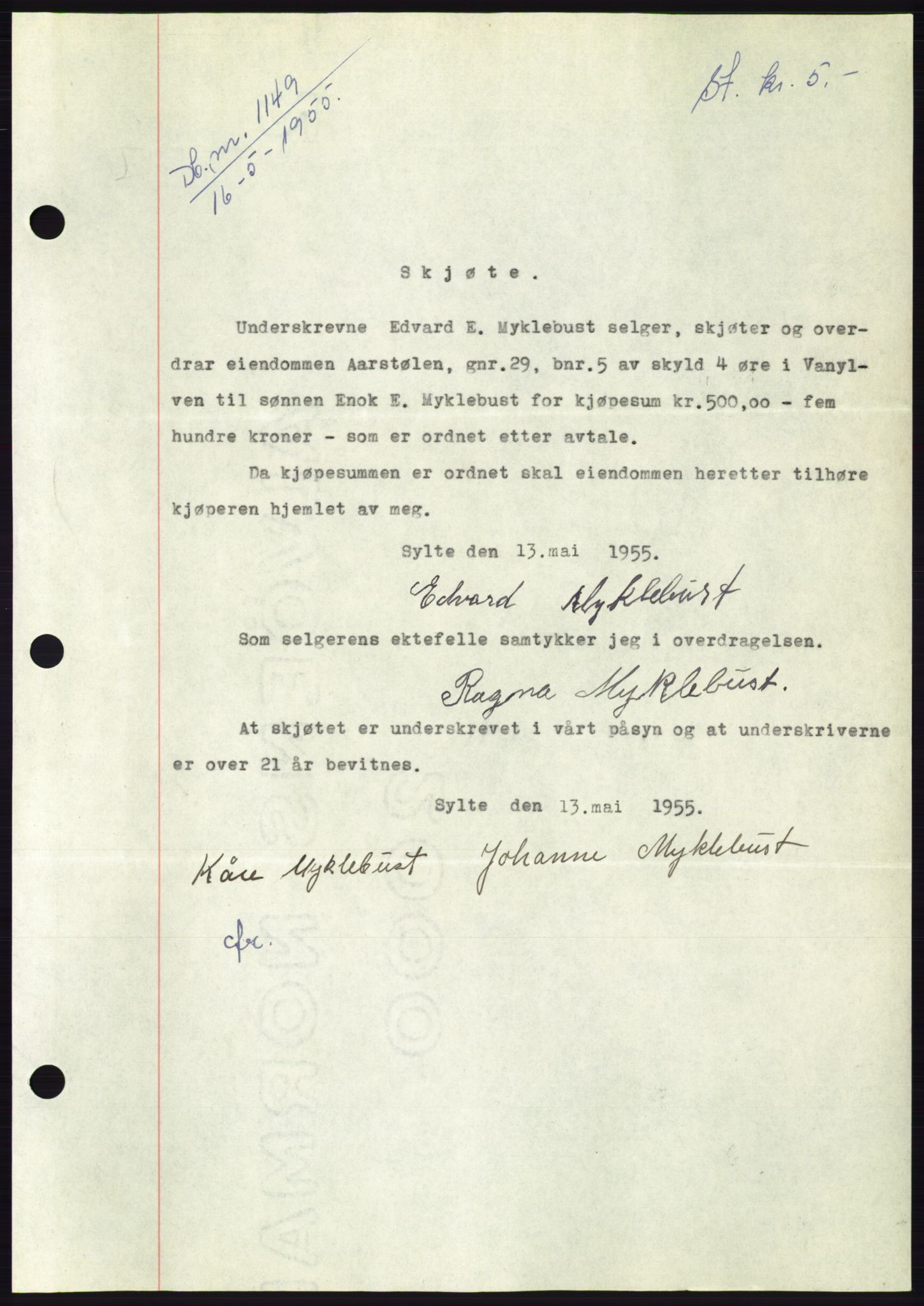 Søre Sunnmøre sorenskriveri, AV/SAT-A-4122/1/2/2C/L0101: Mortgage book no. 27A, 1955-1955, Diary no: : 1149/1955