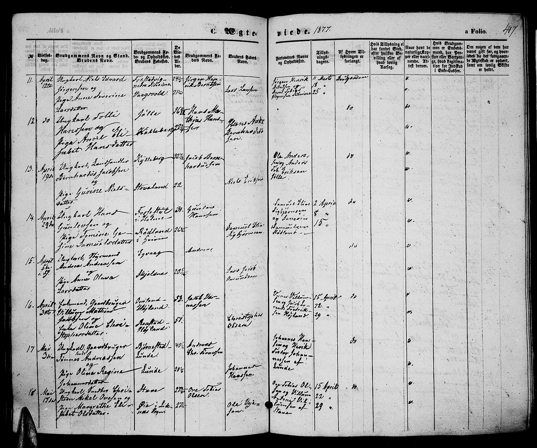 Lista sokneprestkontor, SAK/1111-0027/F/Fb/L0003: Parish register (copy) no. B 3, 1862-1877, p. 407