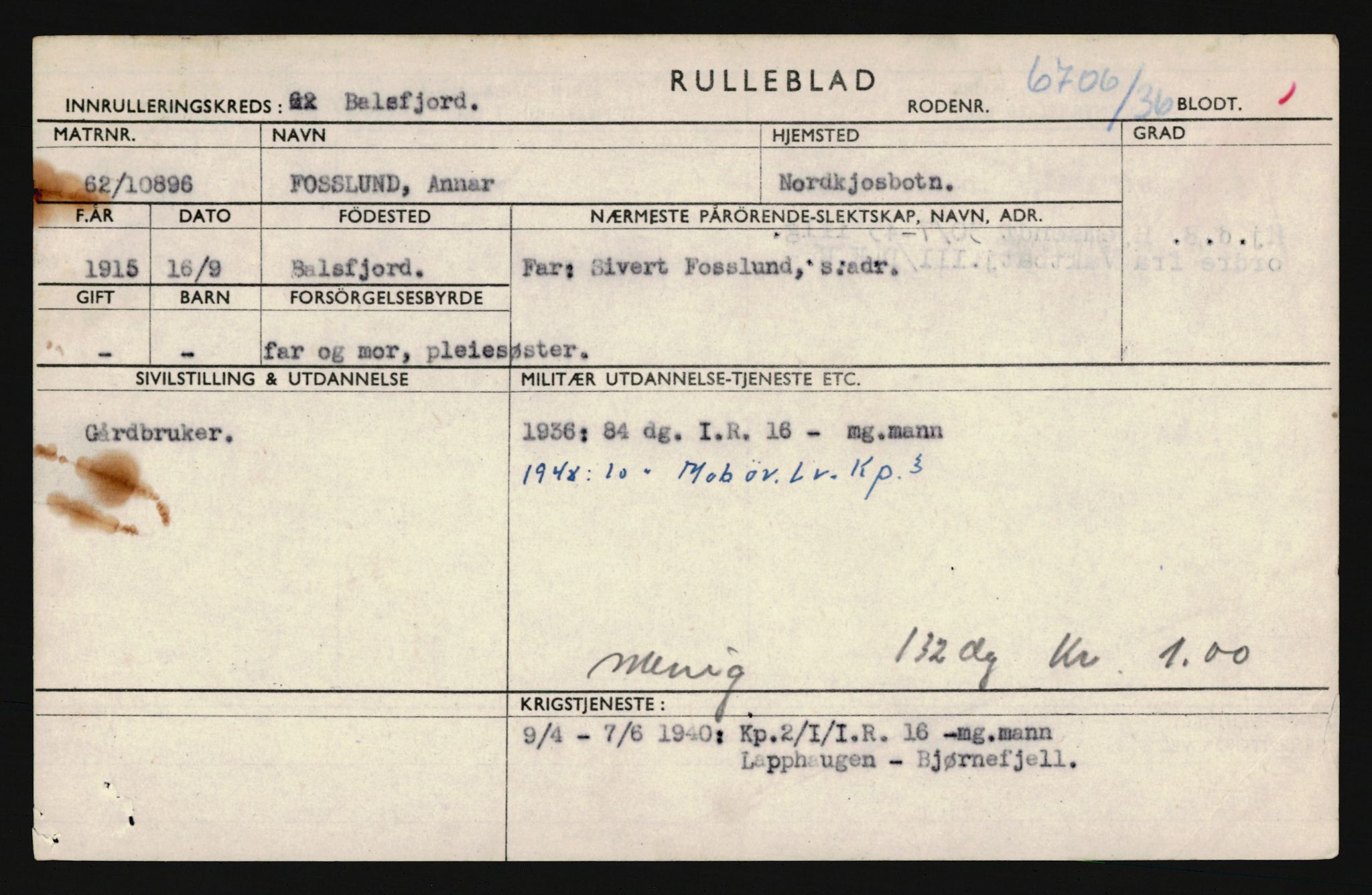 Forsvaret, Troms infanteriregiment nr. 16, AV/RA-RAFA-3146/P/Pa/L0020: Rulleblad for regimentets menige mannskaper, årsklasse 1936, 1936, p. 255