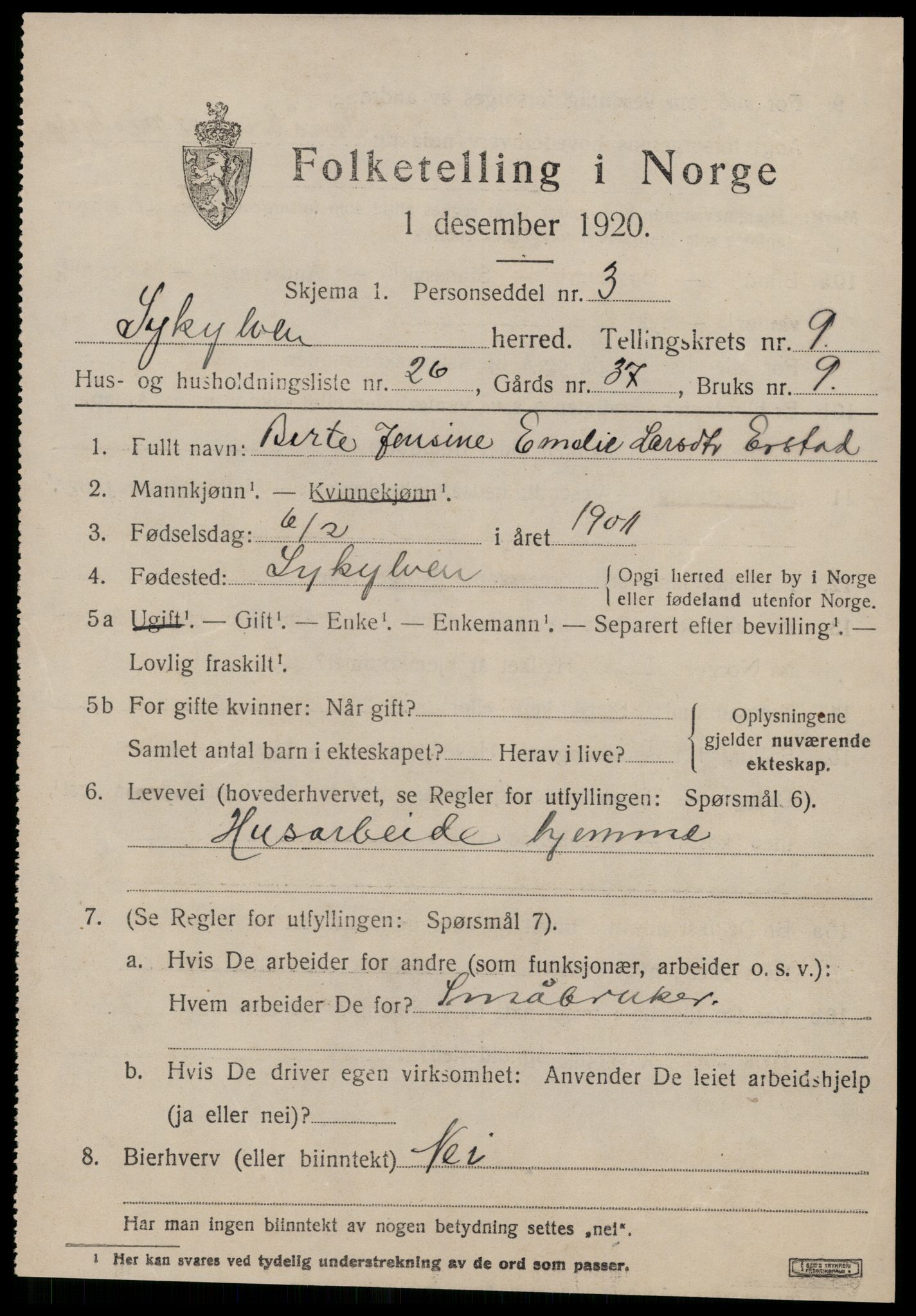 SAT, 1920 census for Sykkylven, 1920, p. 4961