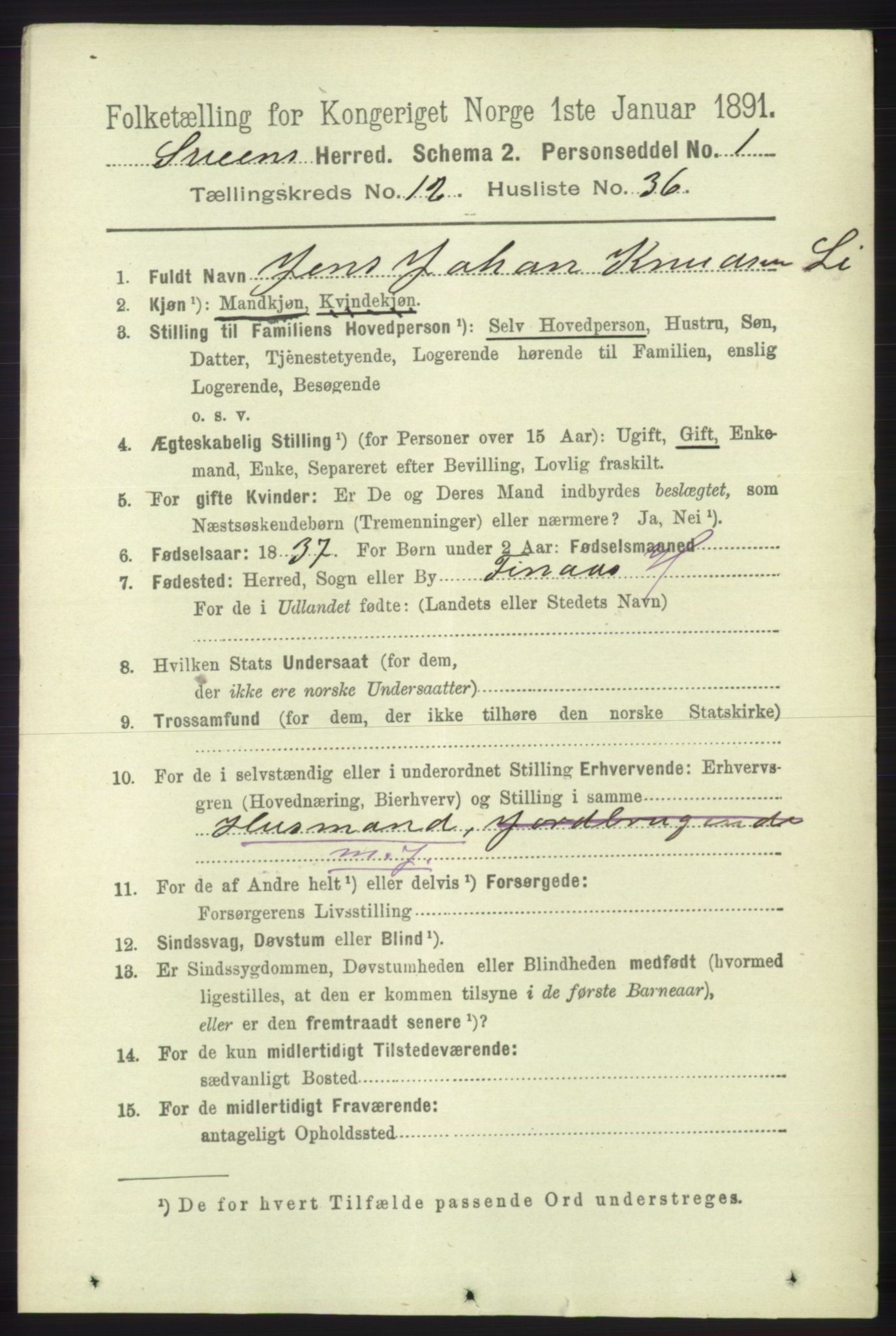 RA, 1891 census for 1216 Sveio, 1891, p. 3610