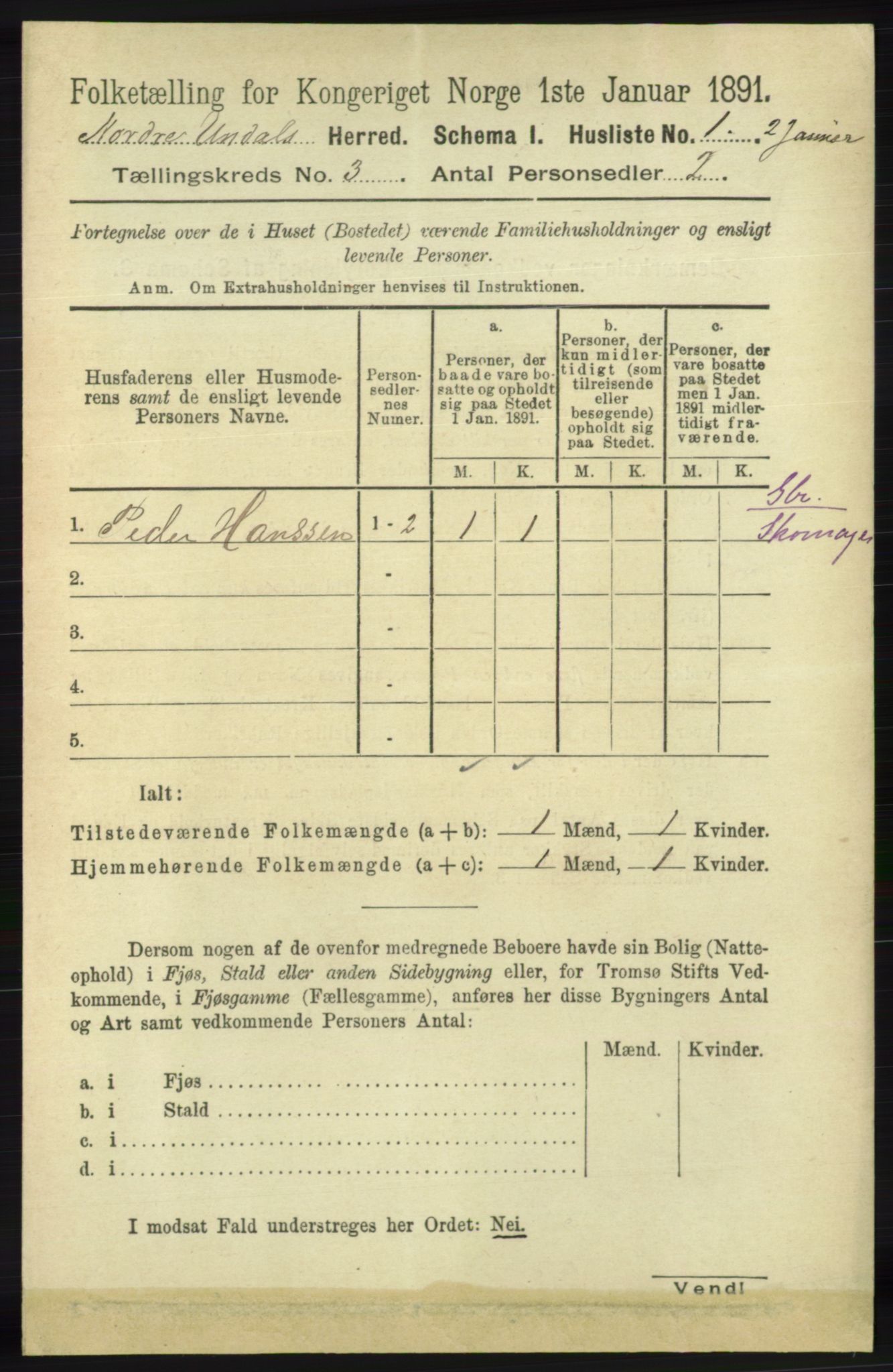 RA, 1891 census for 1028 Nord-Audnedal, 1891, p. 705