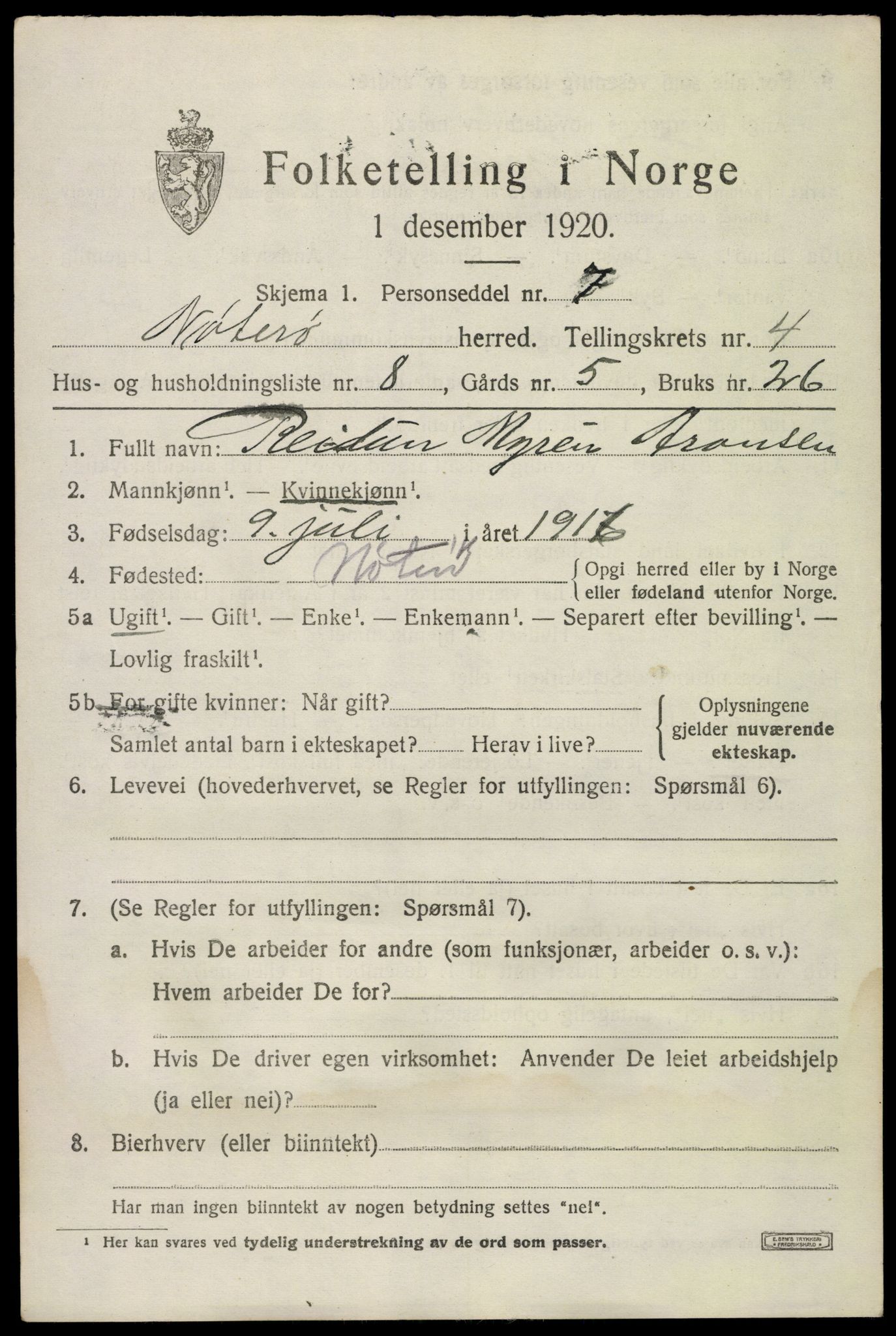 SAKO, 1920 census for Nøtterøy, 1920, p. 6755