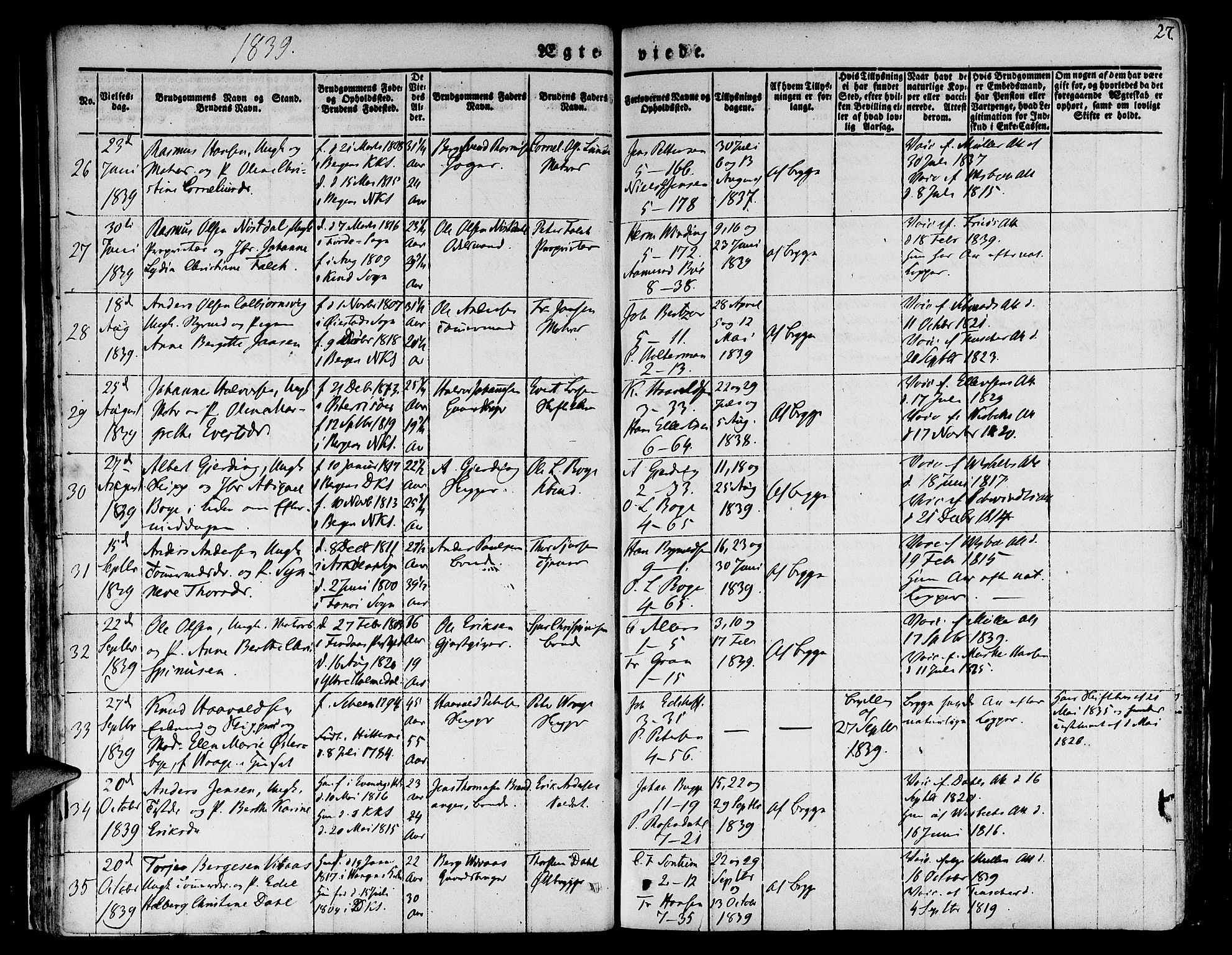 Nykirken Sokneprestembete, AV/SAB-A-77101/H/Hab: Parish register (copy) no. D 1, 1832-1867, p. 27