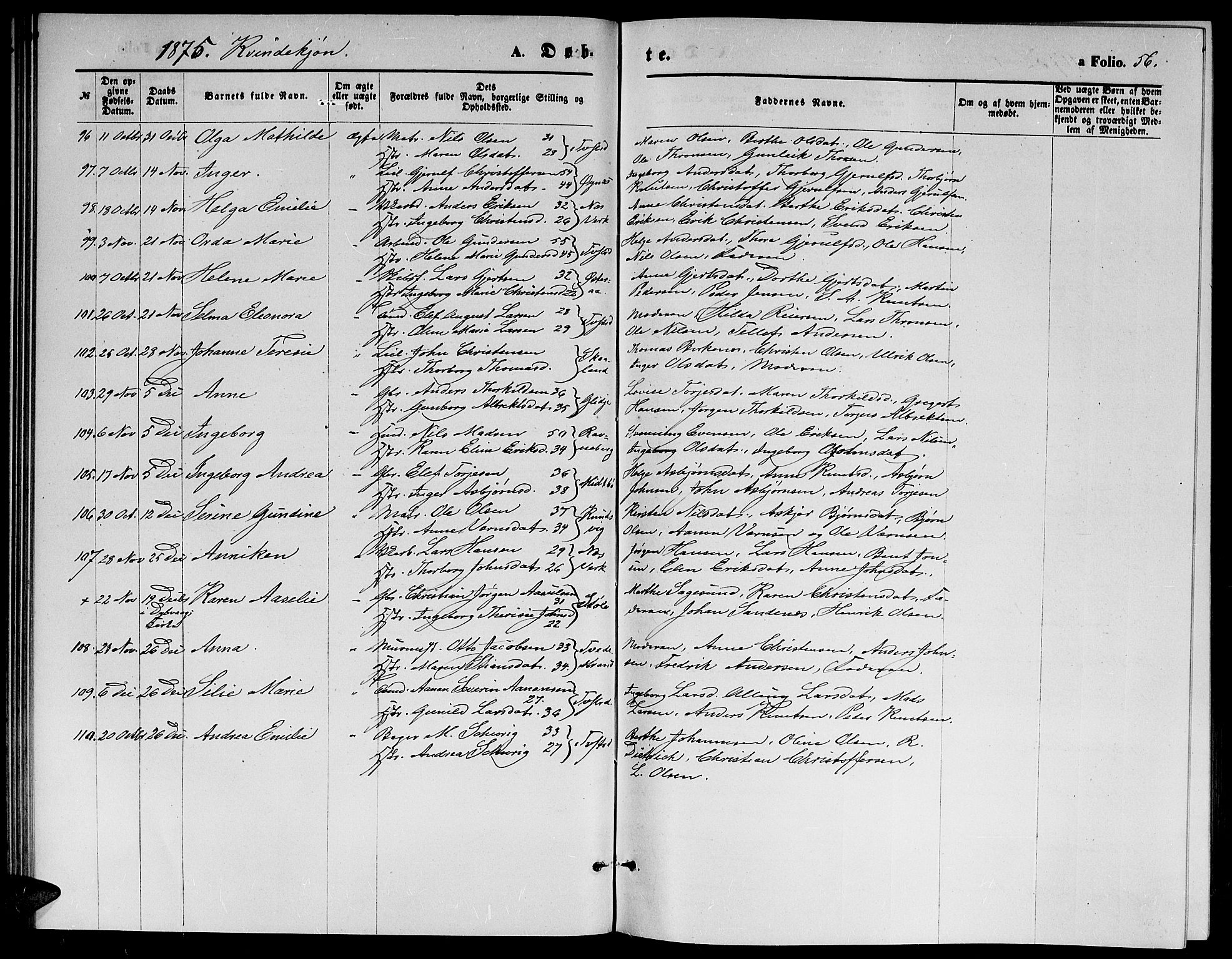 Holt sokneprestkontor, AV/SAK-1111-0021/F/Fb/L0009: Parish register (copy) no. B 9, 1871-1883, p. 56