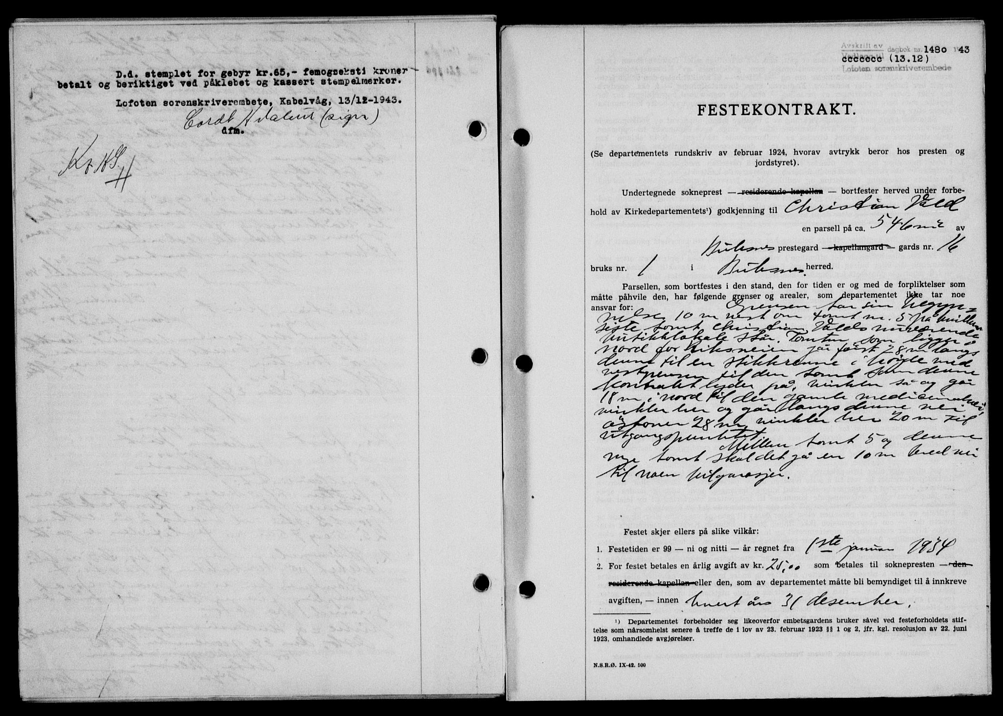 Lofoten sorenskriveri, SAT/A-0017/1/2/2C/L0012a: Mortgage book no. 12a, 1943-1944, Diary no: : 1480/1943