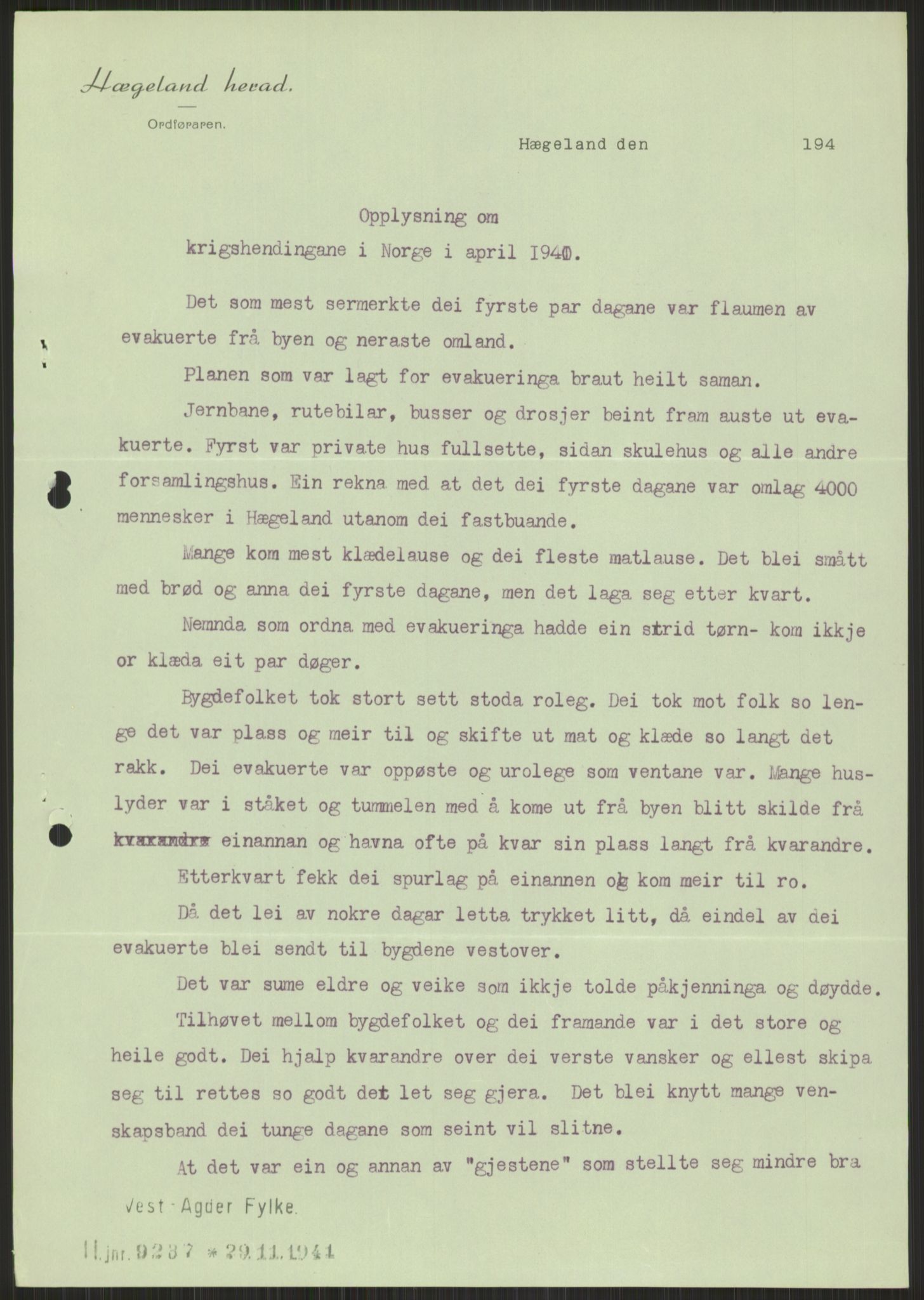 Forsvaret, Forsvarets krigshistoriske avdeling, AV/RA-RAFA-2017/Y/Ya/L0014: II-C-11-31 - Fylkesmenn.  Rapporter om krigsbegivenhetene 1940., 1940, p. 841