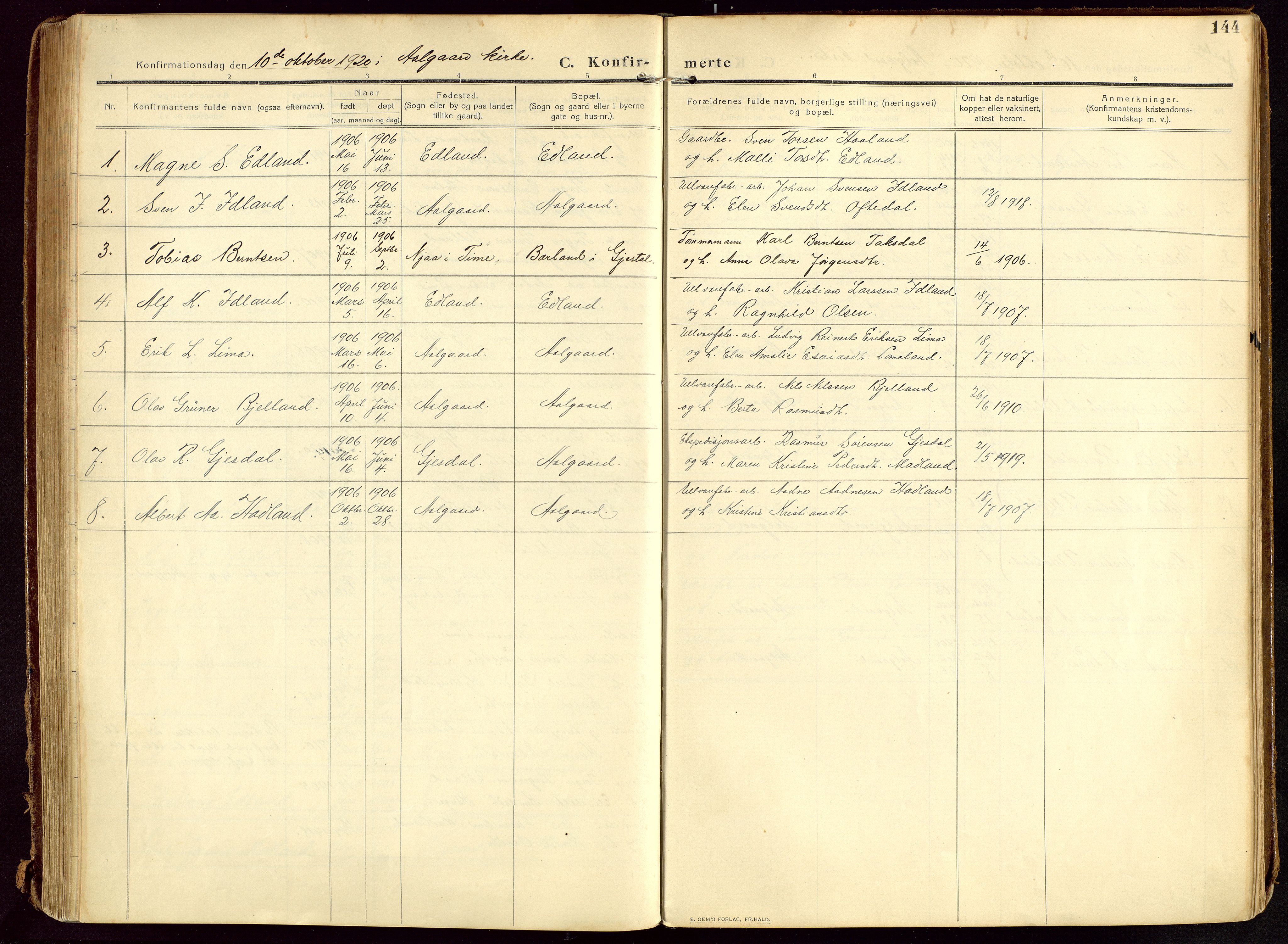 Lye sokneprestkontor, AV/SAST-A-101794/002/B/L0001: Parish register (official) no. A 13, 1910-1925, p. 144