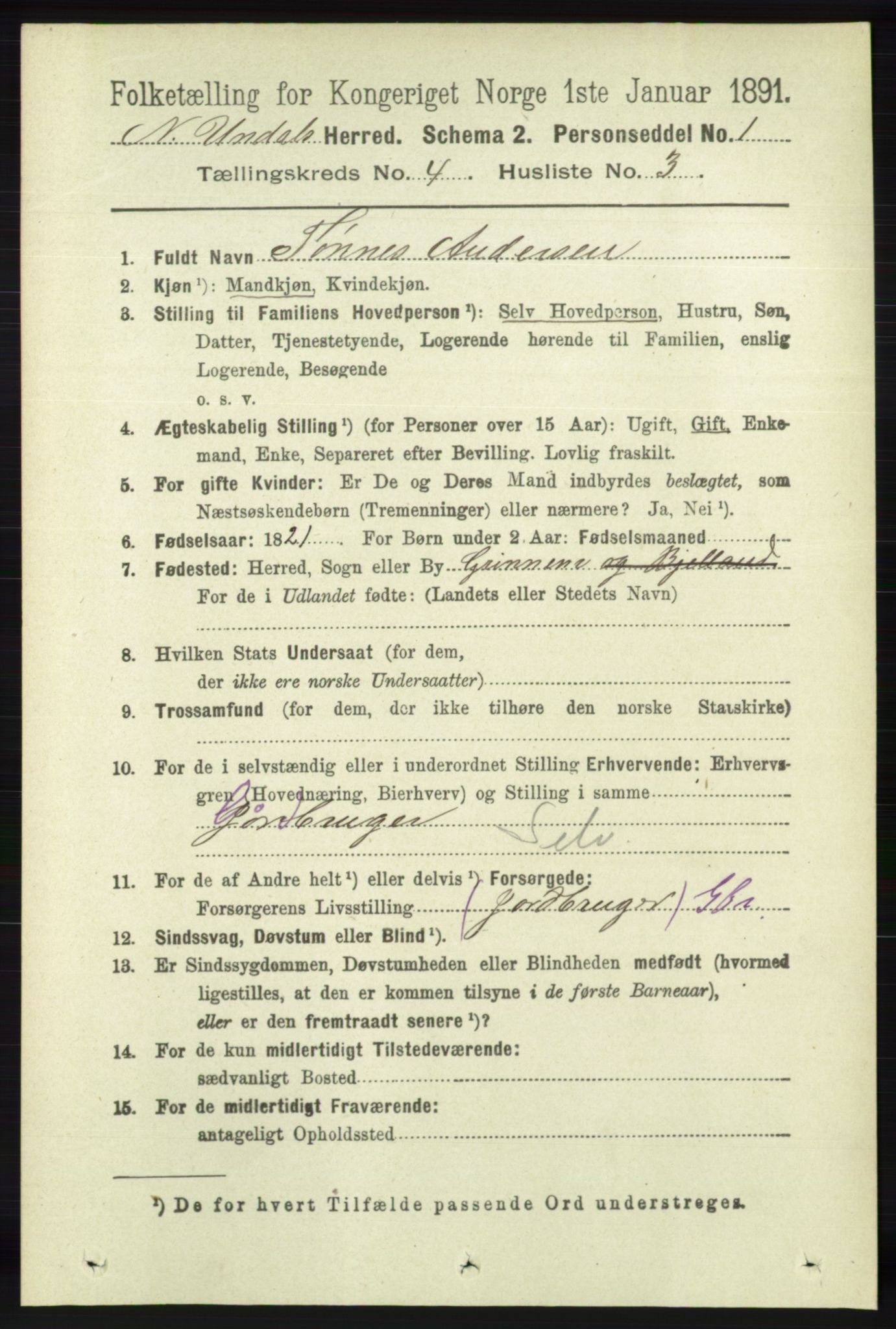 RA, 1891 census for 1028 Nord-Audnedal, 1891, p. 1105