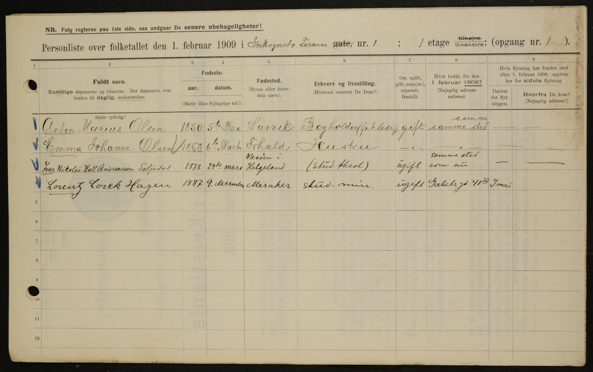 OBA, Municipal Census 1909 for Kristiania, 1909, p. 40524