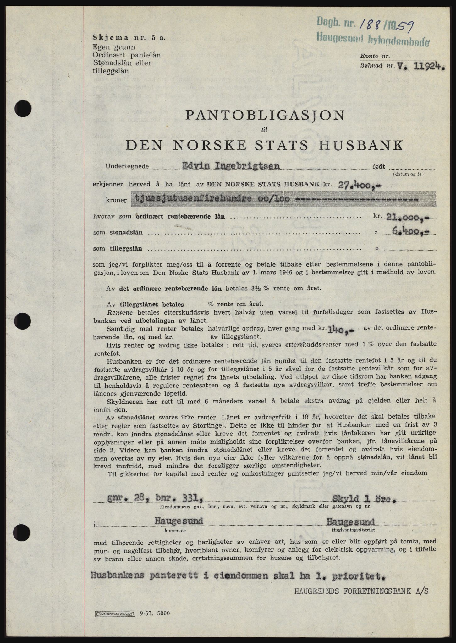 Haugesund tingrett, SAST/A-101415/01/II/IIC/L0044: Mortgage book no. B 44, 1958-1959, Diary no: : 188/1959