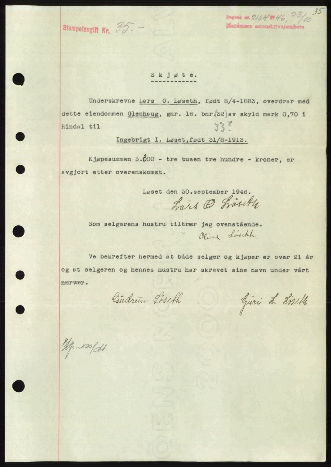 Nordmøre sorenskriveri, AV/SAT-A-4132/1/2/2Ca: Mortgage book no. A103, 1946-1947, Diary no: : 2164/1946