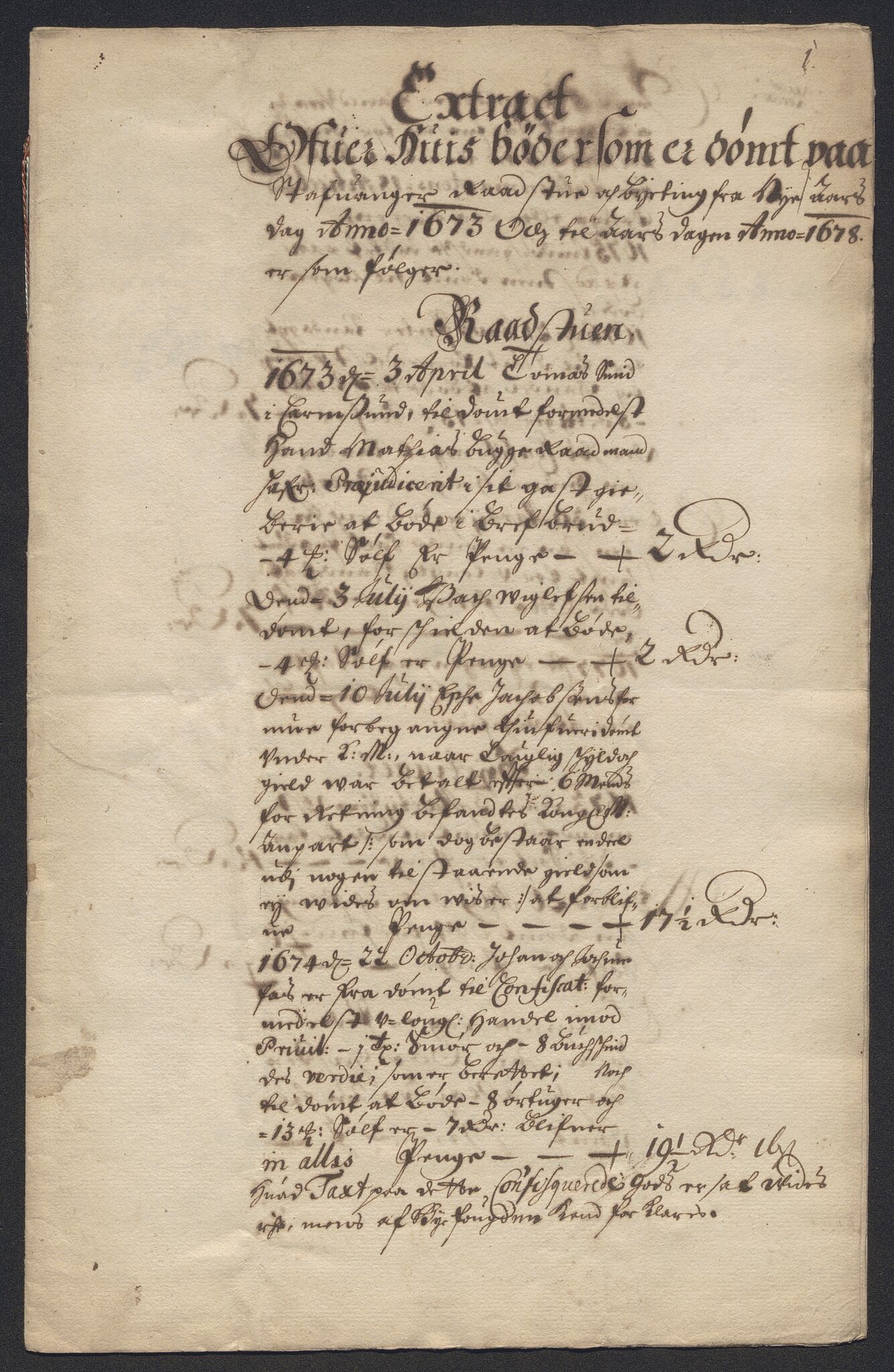 Rentekammeret inntil 1814, Reviderte regnskaper, Byregnskaper, AV/RA-EA-4066/R/Ro/L0316: [O14] Sikt og sakefall, 1662-1693, p. 262