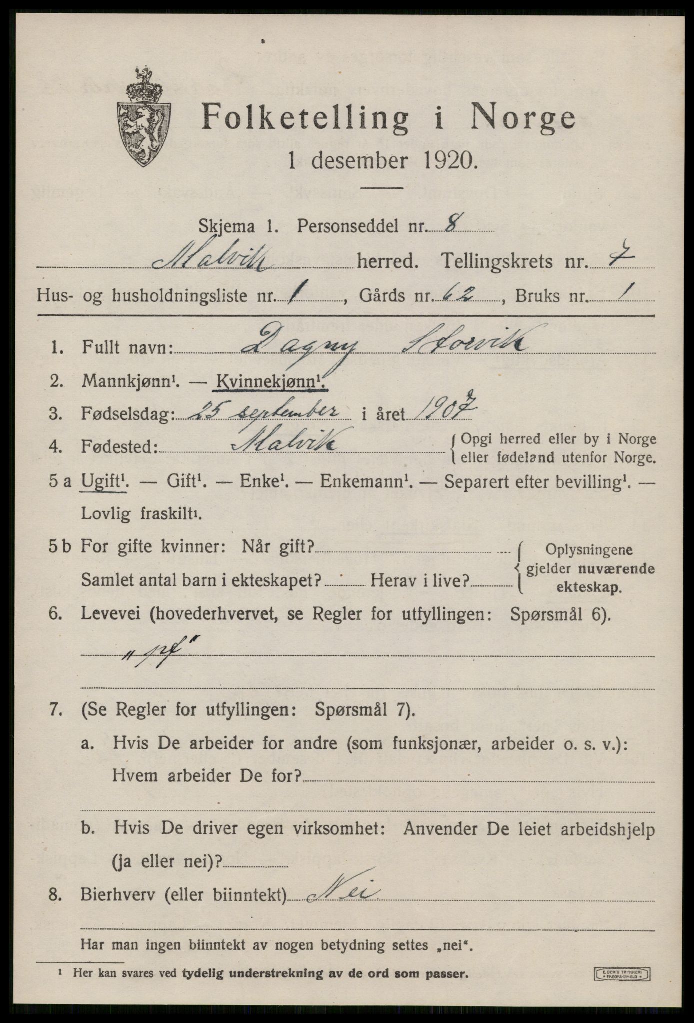 SAT, 1920 census for Malvik, 1920, p. 7230