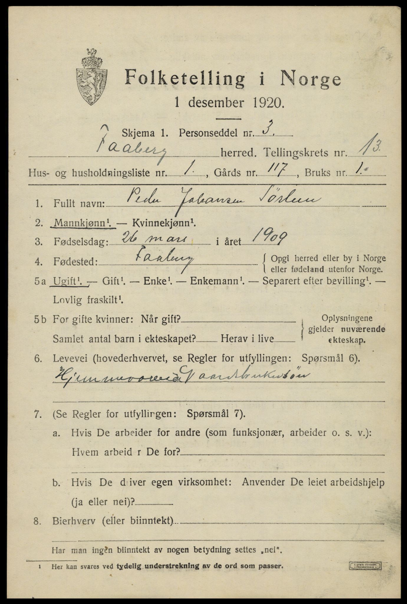 SAH, 1920 census for Fåberg, 1920, p. 13874