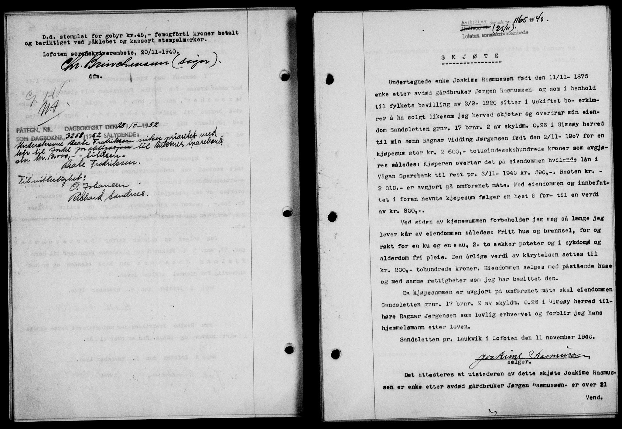 Lofoten sorenskriveri, SAT/A-0017/1/2/2C/L0008a: Mortgage book no. 8a, 1940-1941, Diary no: : 1165/1940