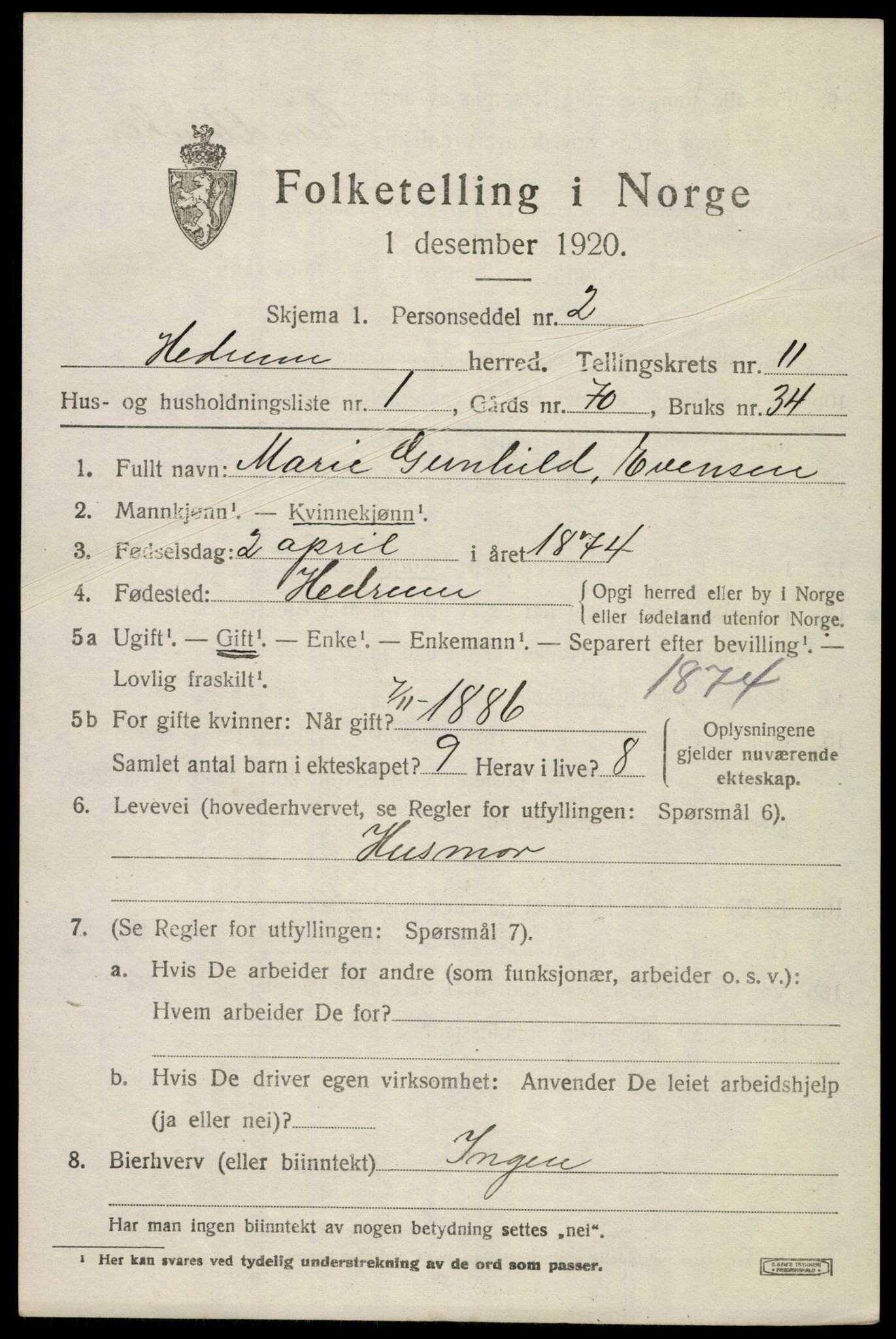 SAKO, 1920 census for Hedrum, 1920, p. 7607