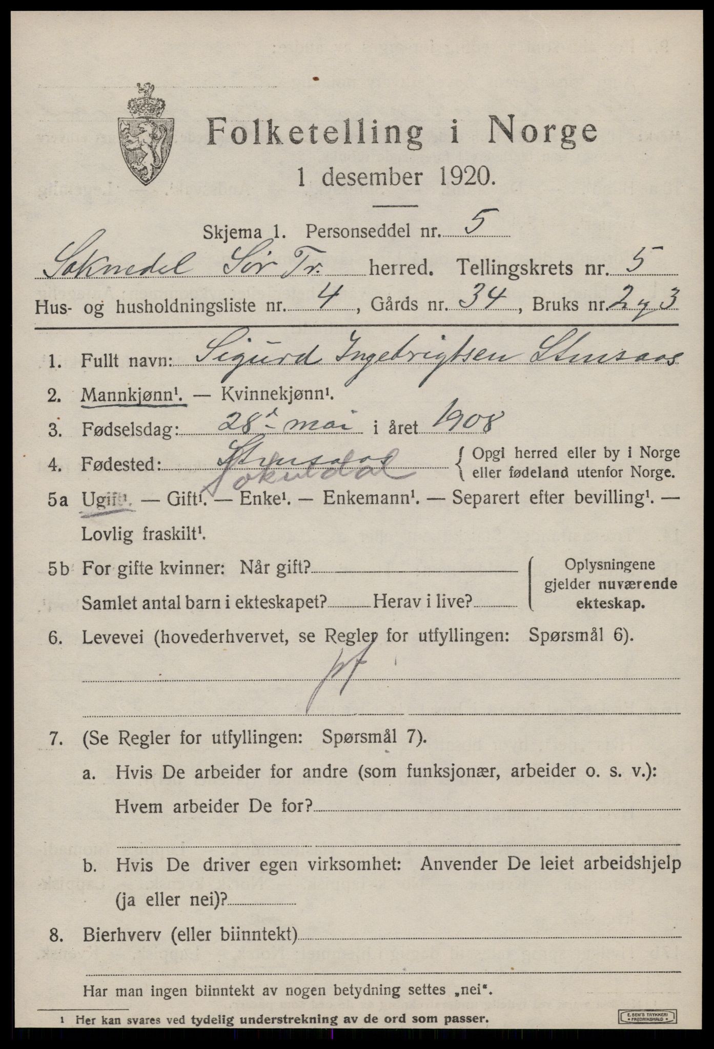 SAT, 1920 census for Soknedal, 1920, p. 2698