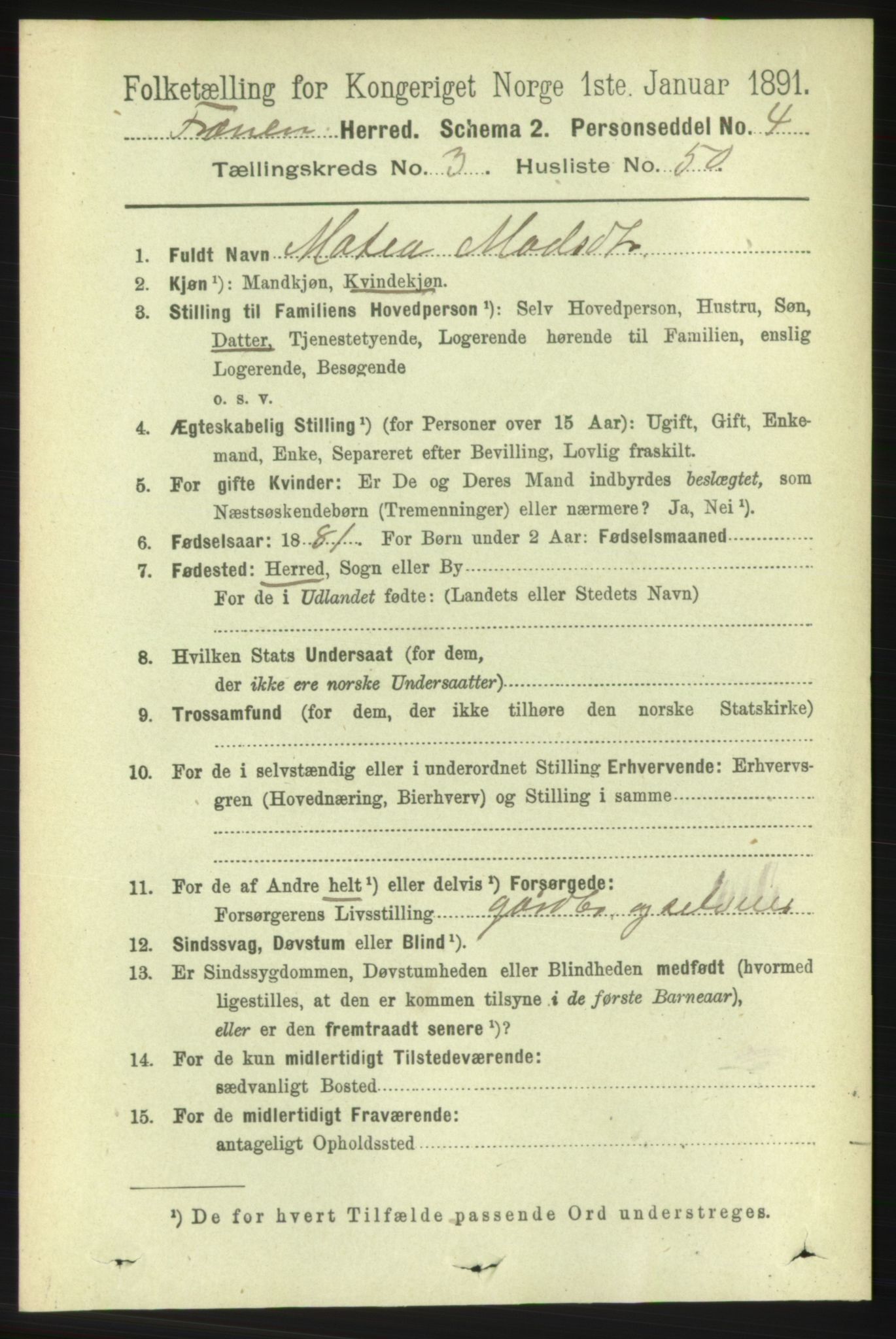 RA, 1891 census for 1548 Fræna, 1891, p. 1076