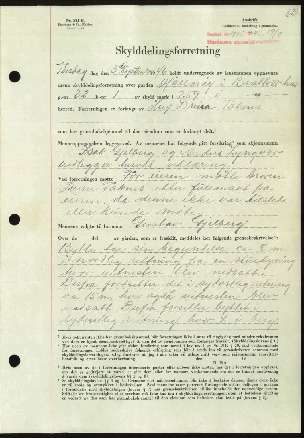 Nordmøre sorenskriveri, AV/SAT-A-4132/1/2/2Ca: Mortgage book no. A102, 1946-1946, Diary no: : 1843/1946