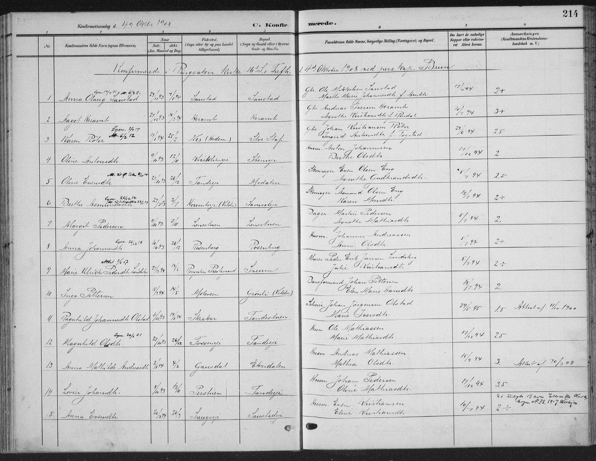 Ringsaker prestekontor, AV/SAH-PREST-014/K/Ka/L0018: Parish register (official) no. 18, 1903-1912, p. 214