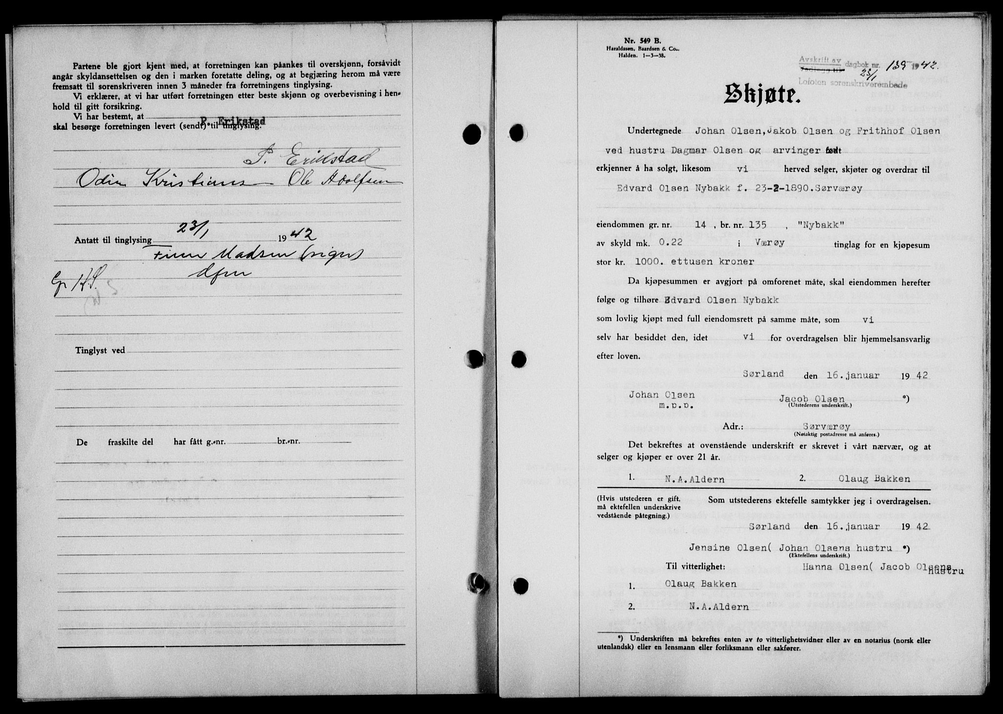 Lofoten sorenskriveri, SAT/A-0017/1/2/2C/L0009a: Mortgage book no. 9a, 1941-1942, Diary no: : 139/1942