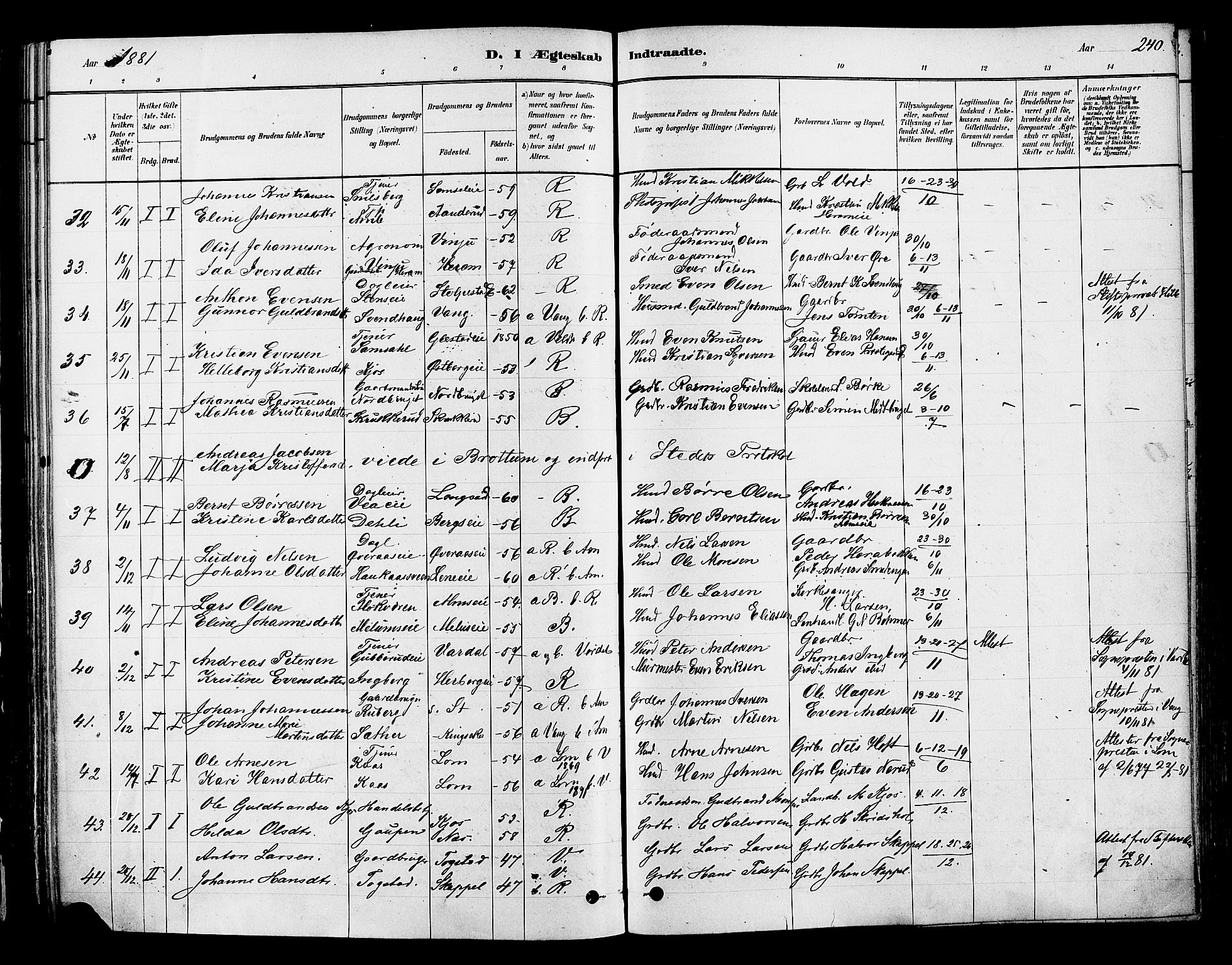 Ringsaker prestekontor, AV/SAH-PREST-014/K/Ka/L0012: Parish register (official) no. 12, 1879-1890, p. 240