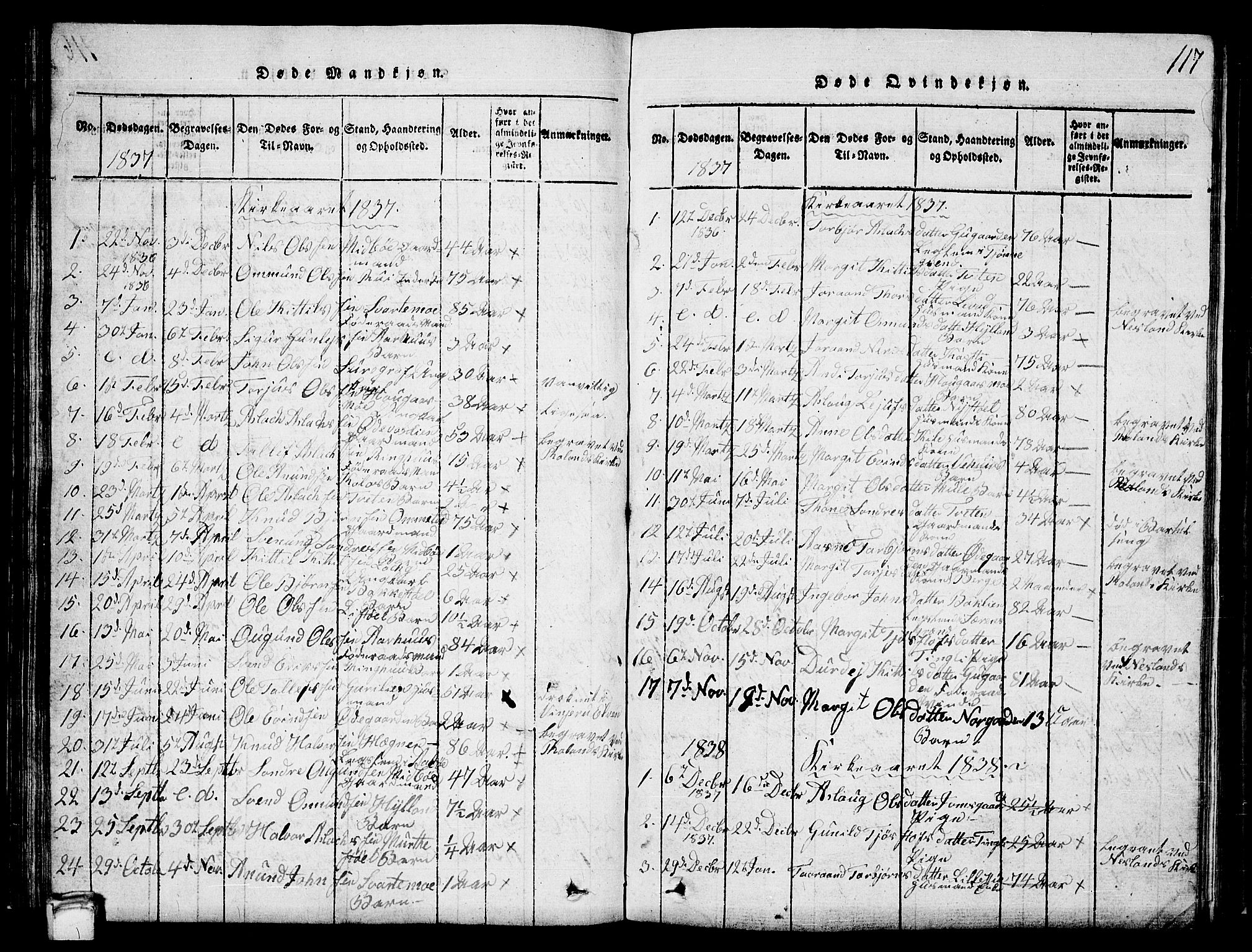 Vinje kirkebøker, SAKO/A-312/G/Ga/L0001: Parish register (copy) no. I 1, 1814-1843, p. 117