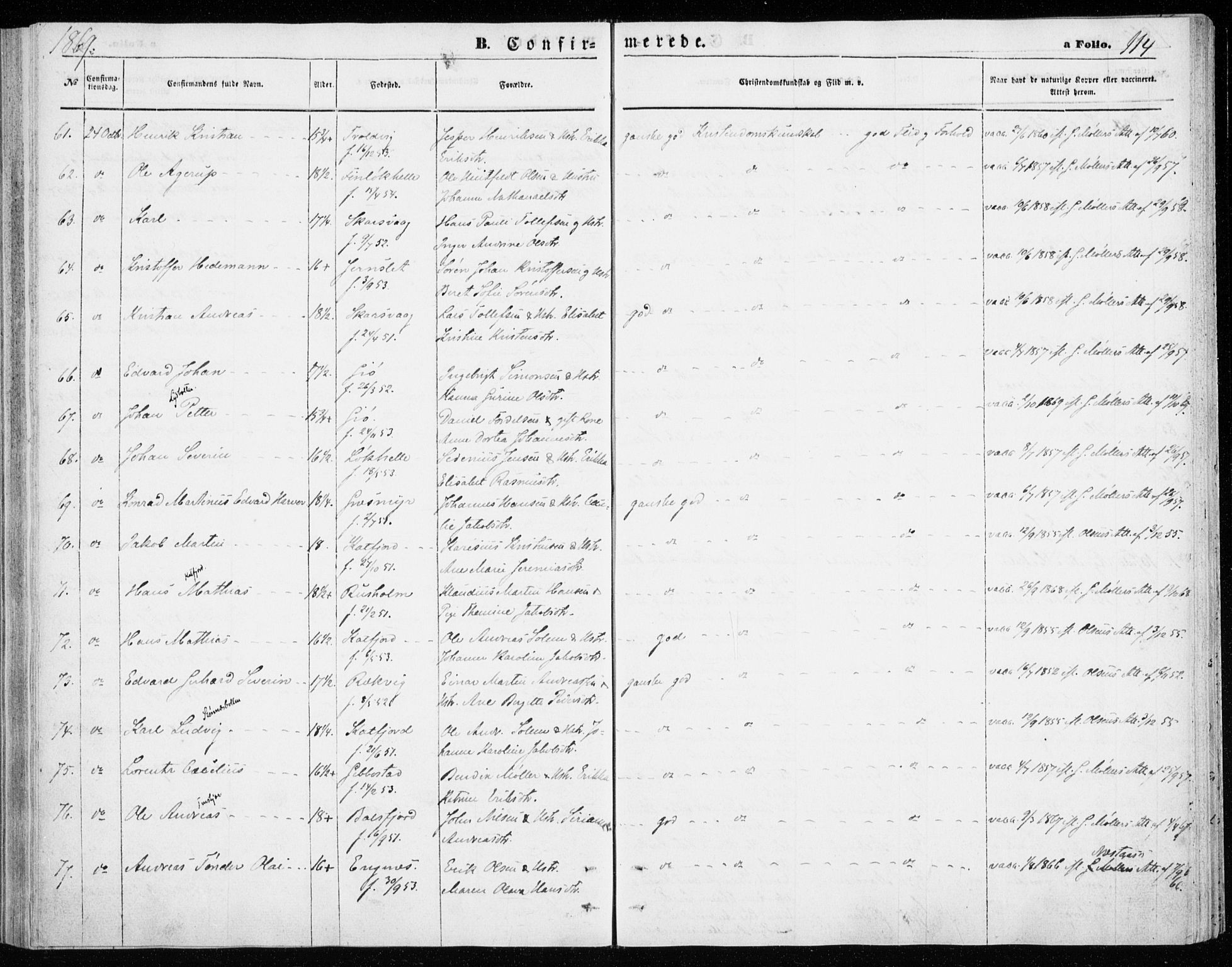 Lenvik sokneprestembete, SATØ/S-1310/H/Ha/Haa/L0009kirke: Parish register (official) no. 9, 1866-1873, p. 114