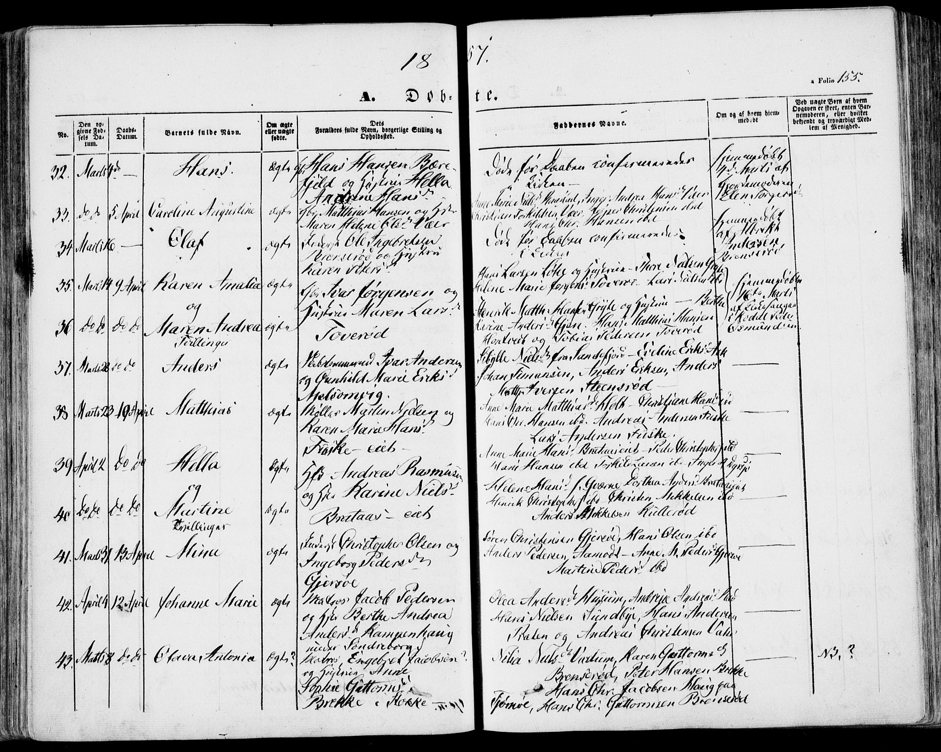 Stokke kirkebøker, AV/SAKO-A-320/F/Fa/L0007: Parish register (official) no. I 7, 1844-1857, p. 155