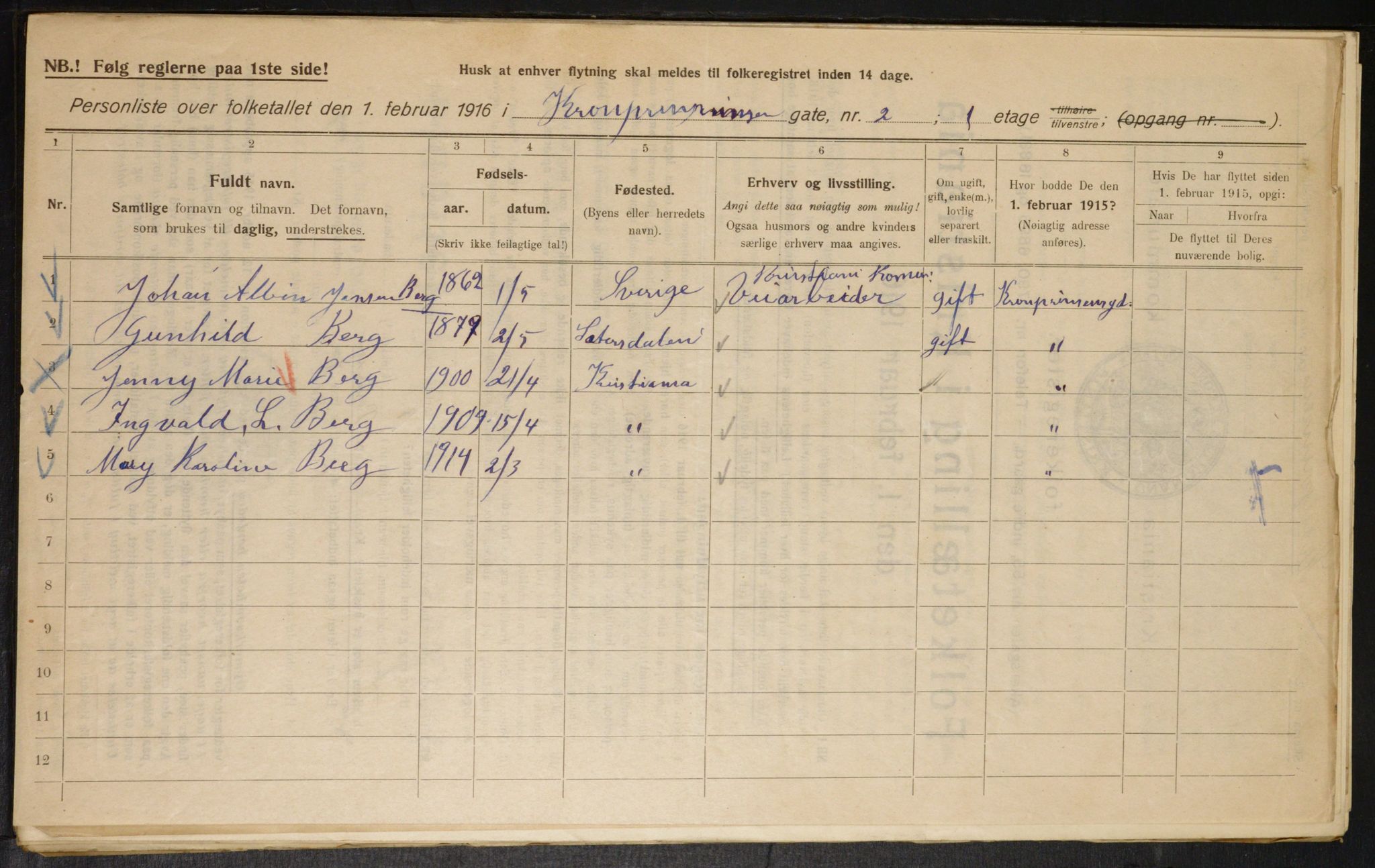 OBA, Municipal Census 1916 for Kristiania, 1916, p. 55696