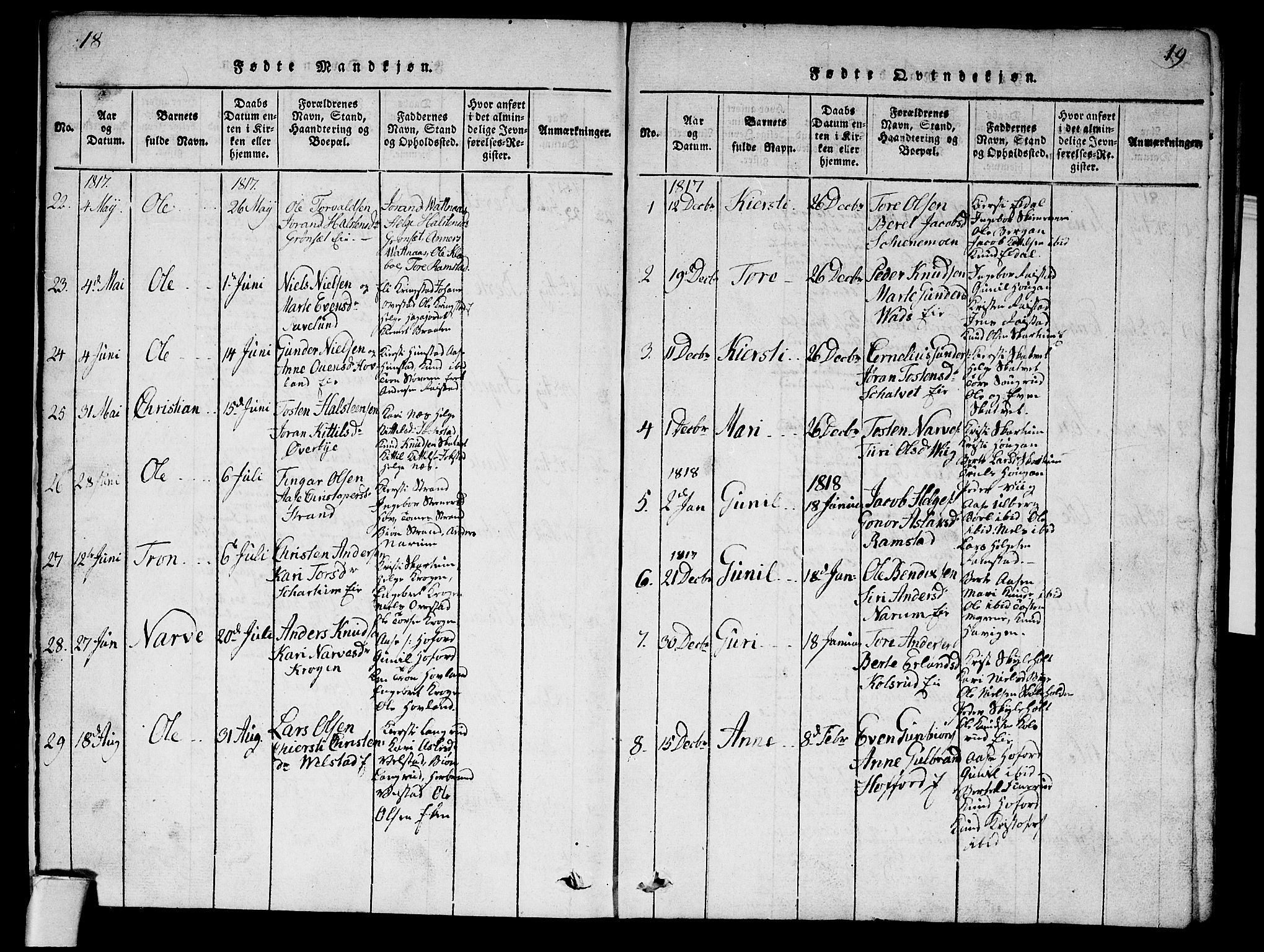 Sigdal kirkebøker, AV/SAKO-A-245/G/Ga/L0001: Parish register (copy) no. I 1 /1, 1816-1835, p. 18-19