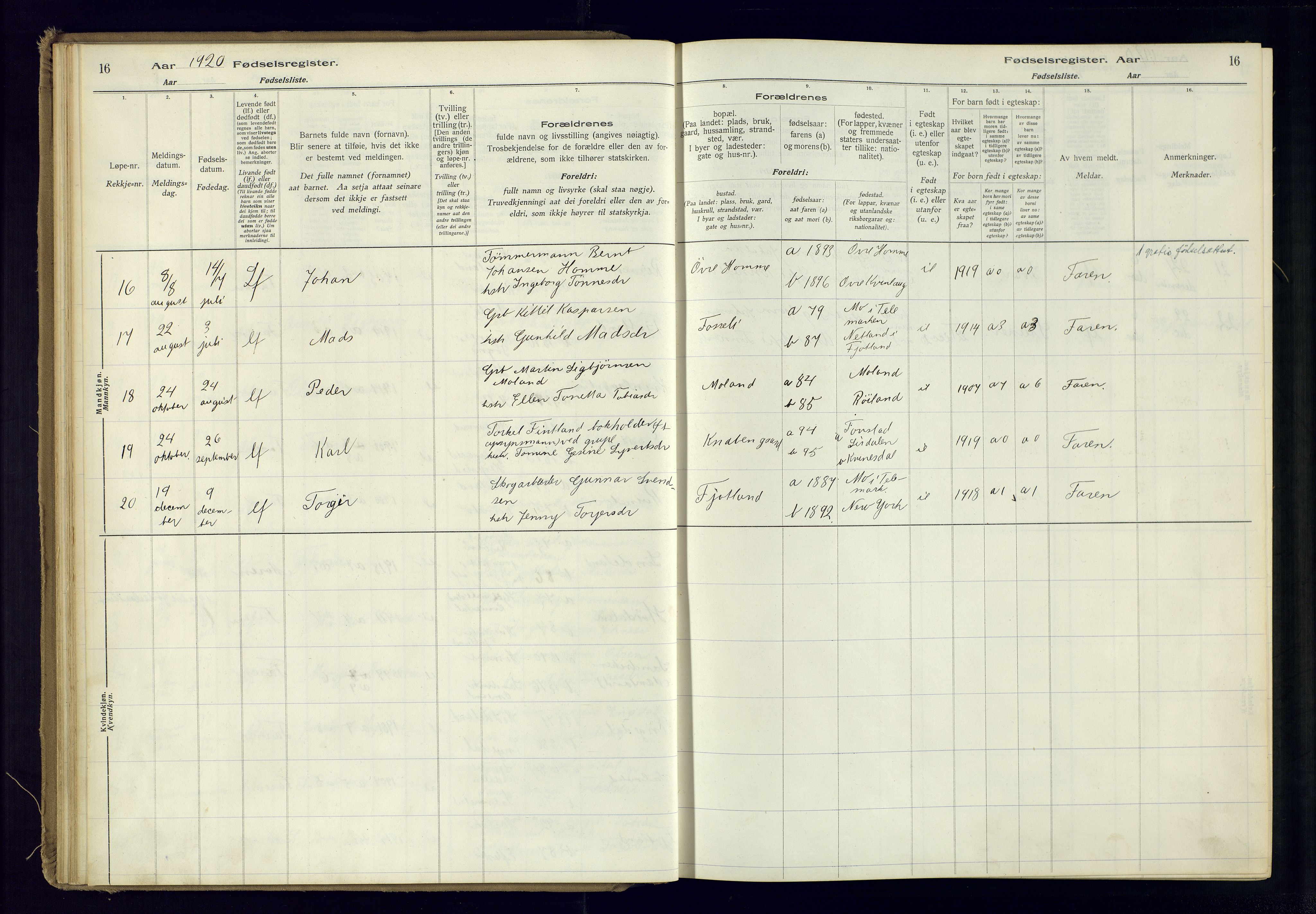 Fjotland sokneprestkontor, AV/SAK-1111-0010/J/Ja/L0001: Birth register no. 1, 1916-1981, p. 16