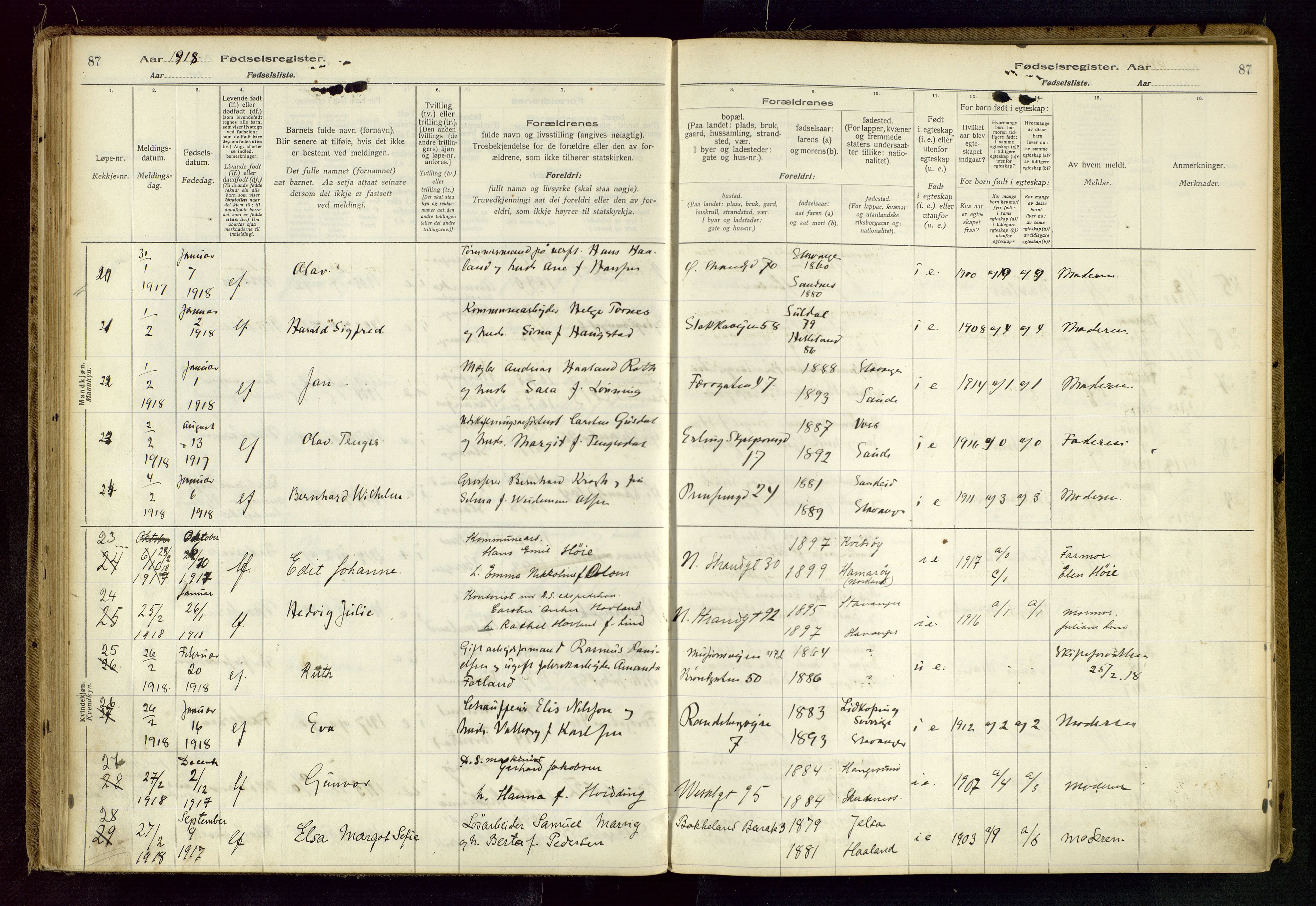 Domkirken sokneprestkontor, AV/SAST-A-101812/002/B/L0001: Birth register no. 1, 1916-1920, p. 87