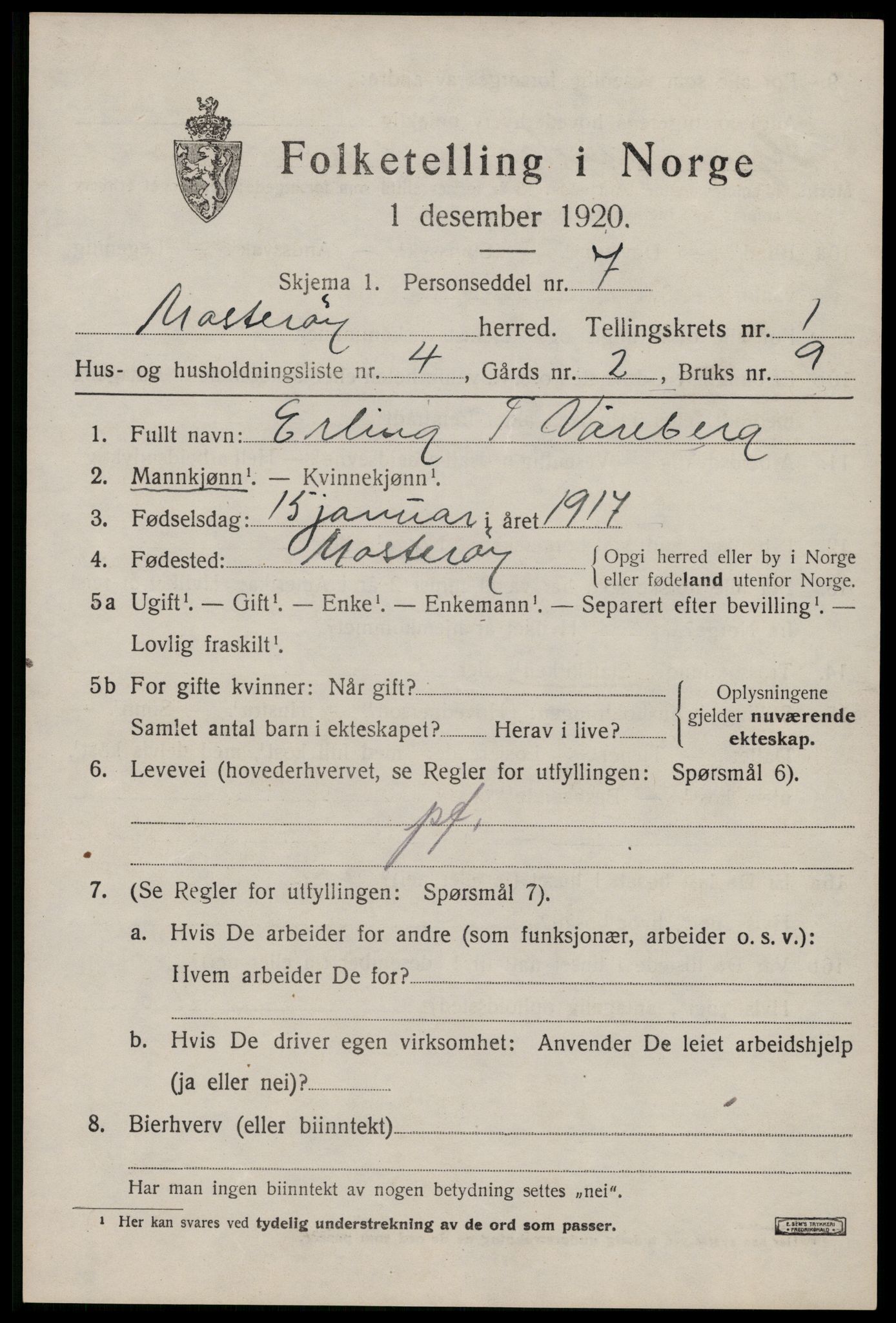 SAST, 1920 census for Mosterøy, 1920, p. 576