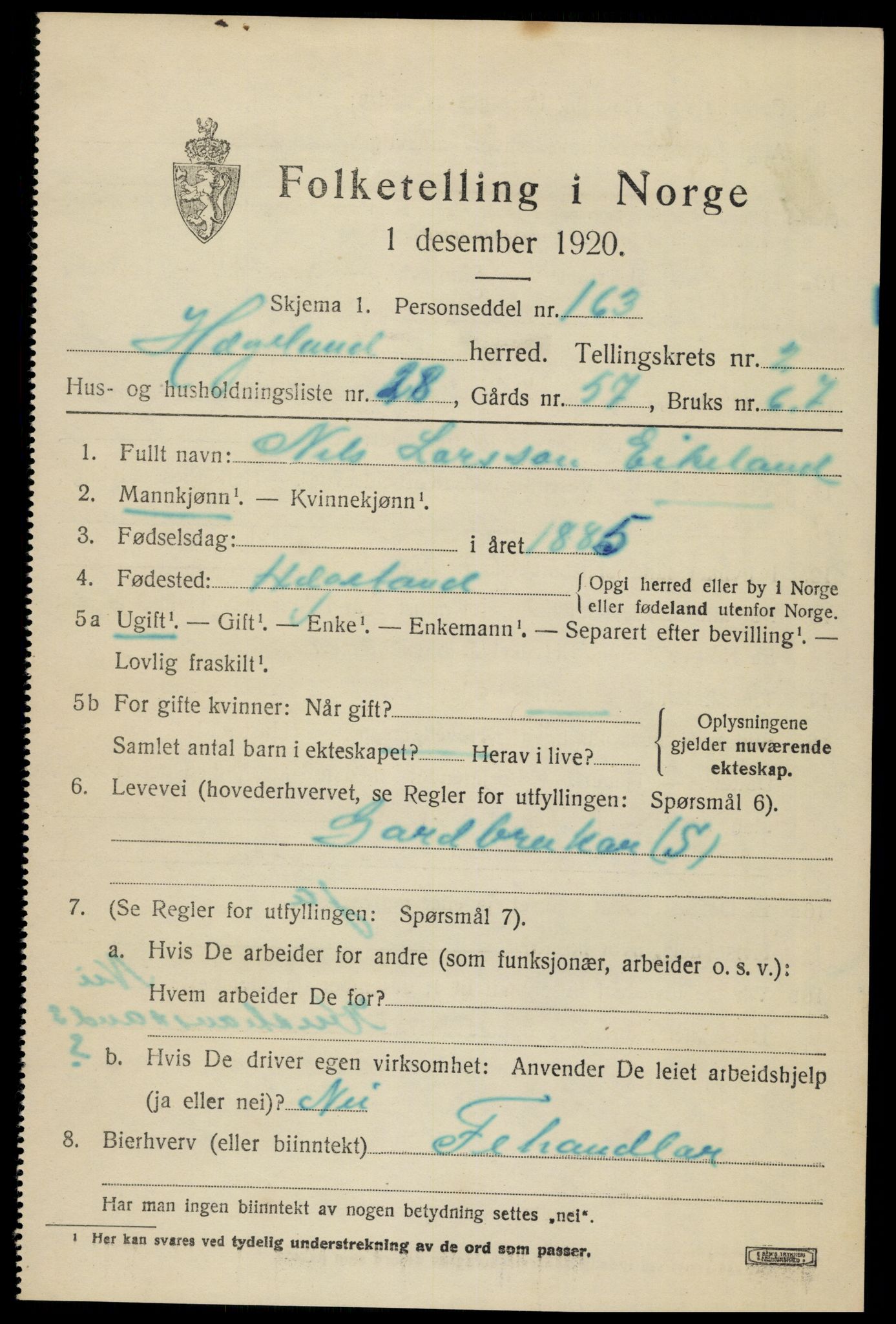 SAK, 1920 census for Hægeland, 1920, p. 935