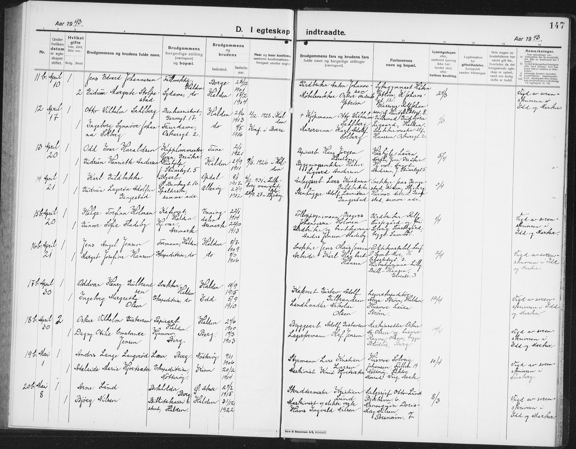 Halden prestekontor Kirkebøker, SAO/A-10909/G/Ga/L0014: Parish register (copy) no. 14, 1925-1943, p. 147