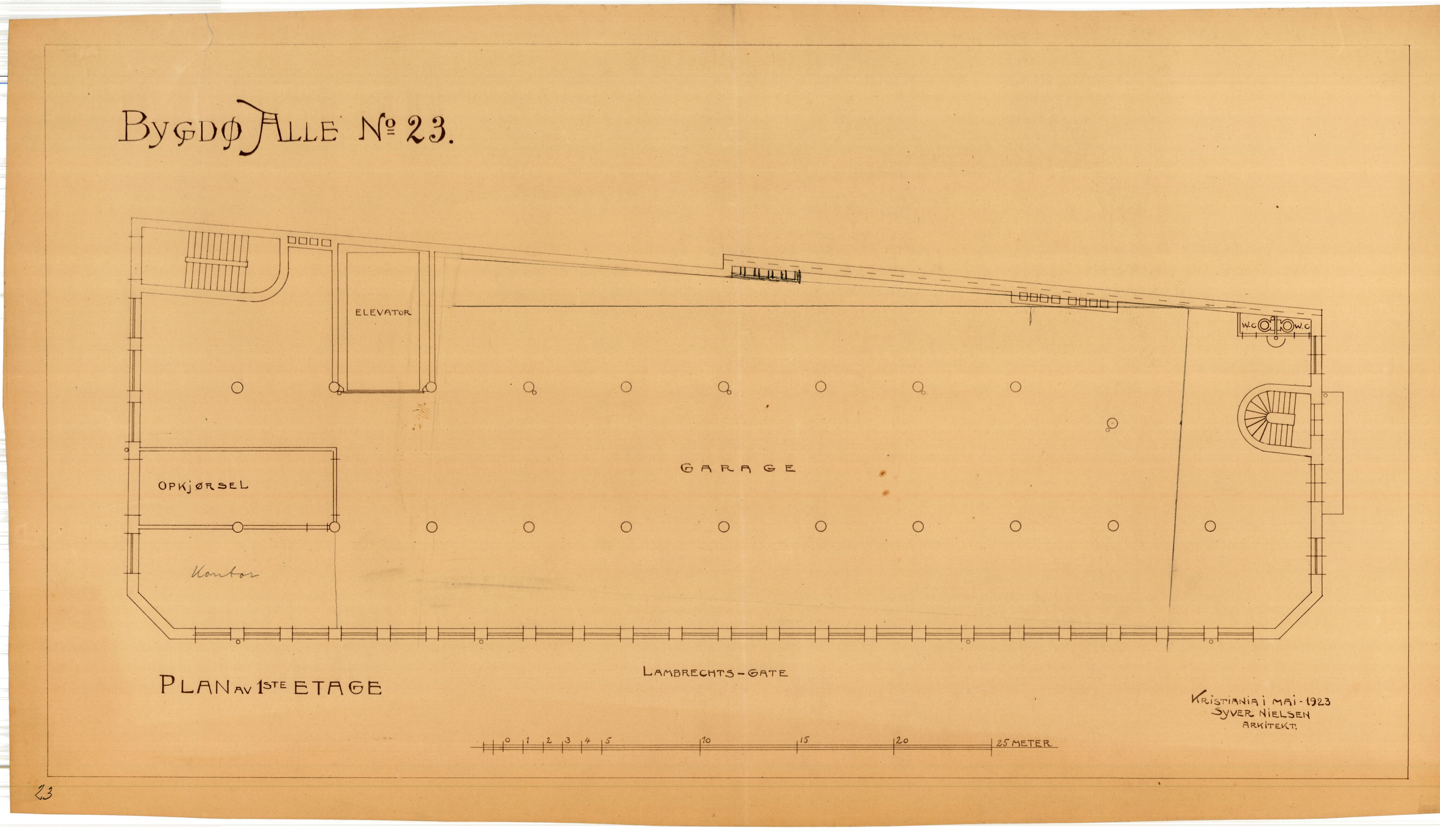 Syver Nielsen Arkitekt, OBA/A-70230/T/L0004/0002: Bygdøy allé 23, ikke gjennomført prosjekt for automobilhotell / Grunnplaner juli, 1923, p. 3