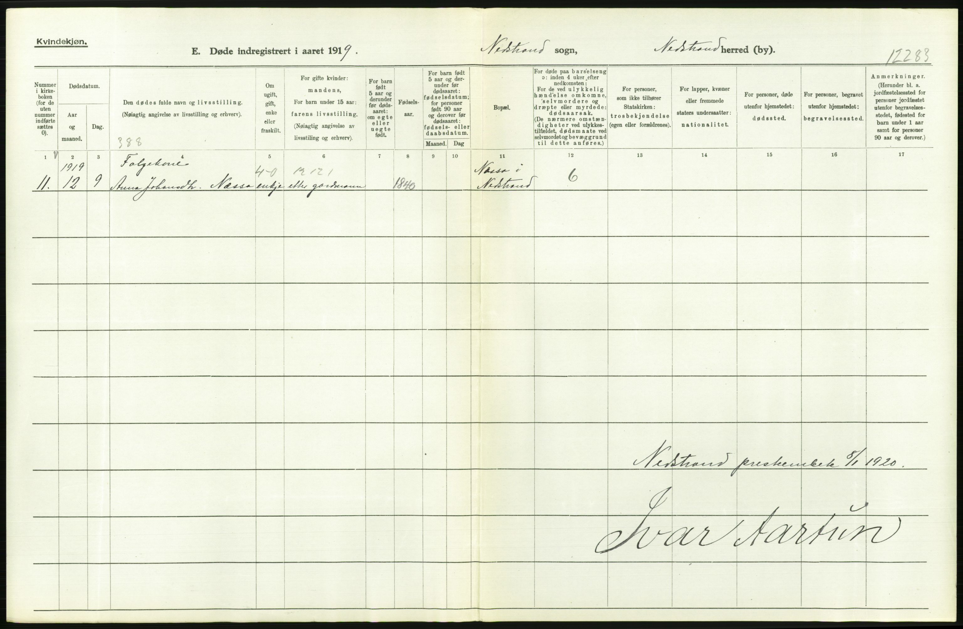 Statistisk sentralbyrå, Sosiodemografiske emner, Befolkning, RA/S-2228/D/Df/Dfb/Dfbi/L0030: Rogaland fylke: Døde. Bygder og byer., 1919, p. 294