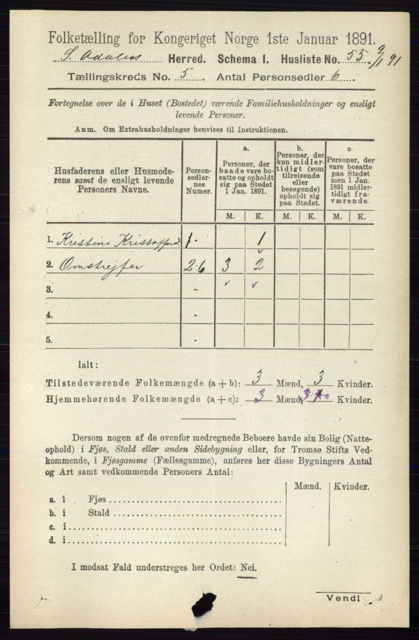 RA, 1891 census for 0419 Sør-Odal, 1891, p. 2325