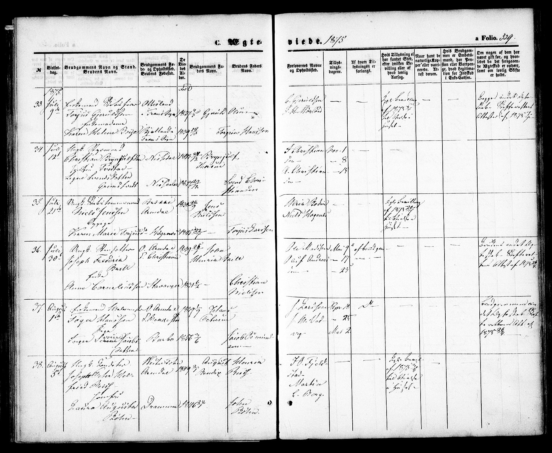 Arendal sokneprestkontor, Trefoldighet, SAK/1111-0040/F/Fa/L0007: Parish register (official) no. A 7, 1868-1878, p. 329