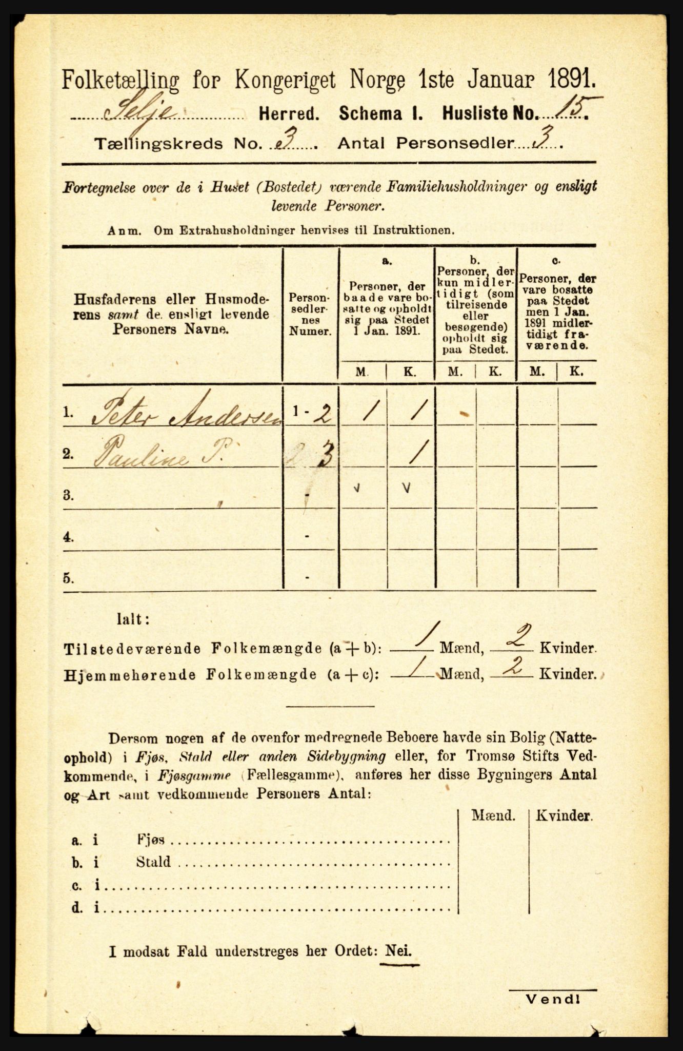 RA, 1891 census for 1441 Selje, 1891, p. 601