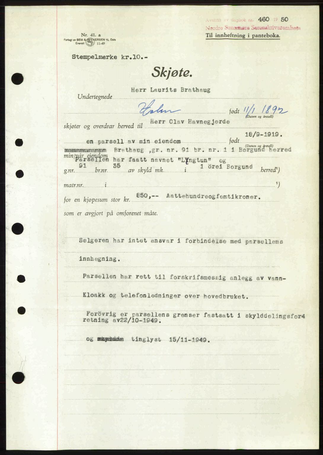 Nordre Sunnmøre sorenskriveri, AV/SAT-A-0006/1/2/2C/2Ca: Mortgage book no. A33, 1949-1950, Diary no: : 460/1950