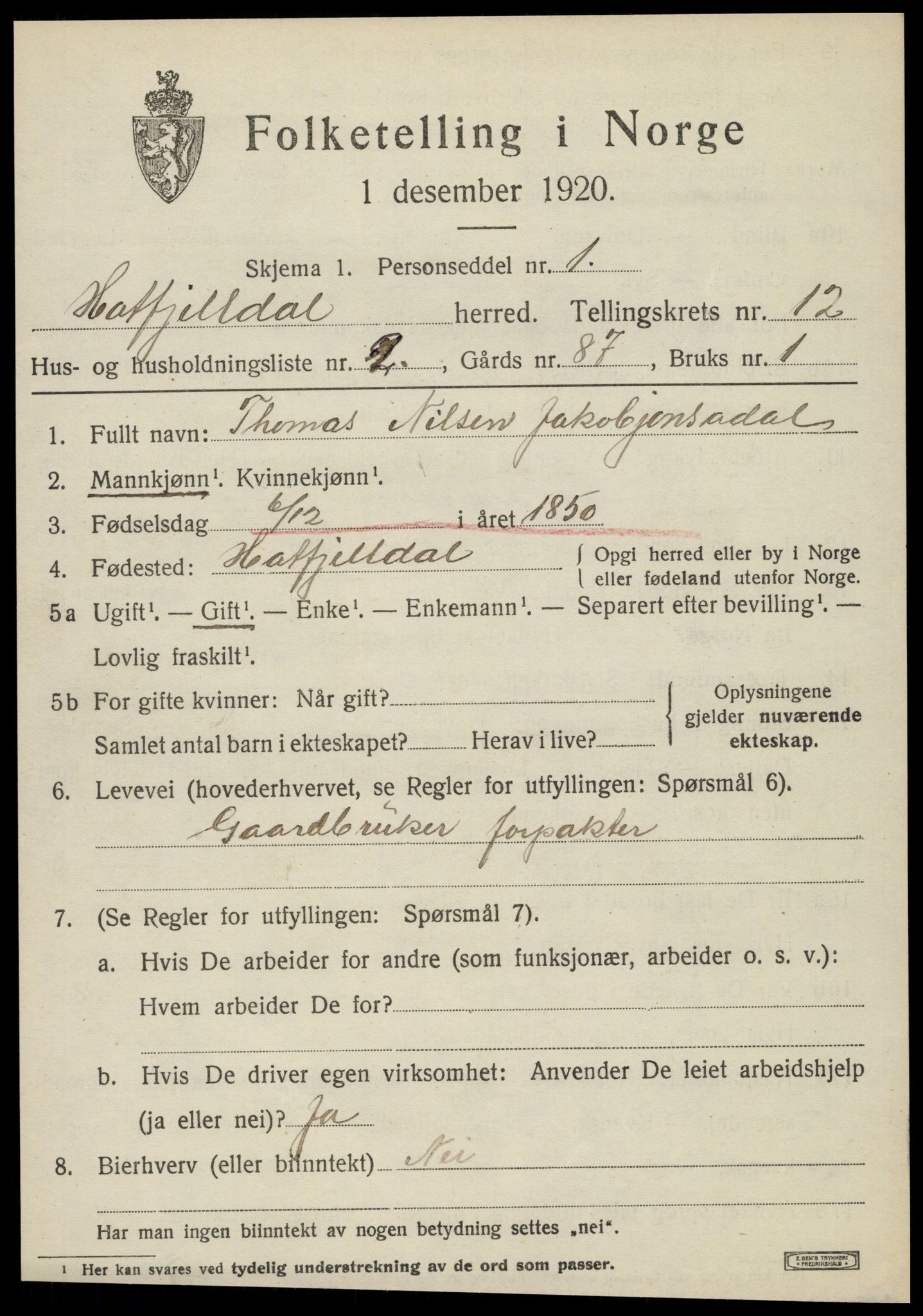 SAT, 1920 census for Hattfjelldal, 1920, p. 2716