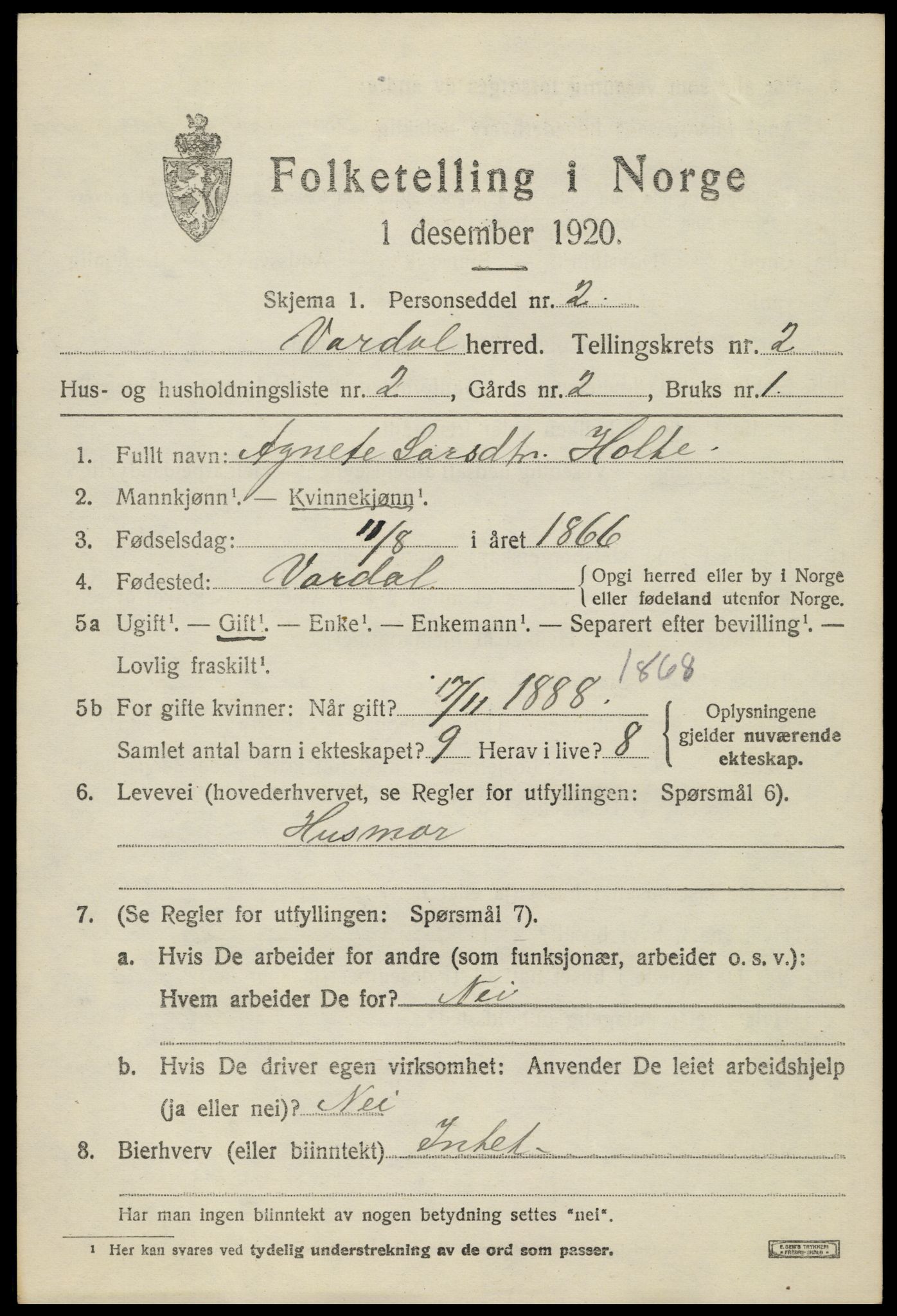 SAH, 1920 census for Vardal, 1920, p. 2447