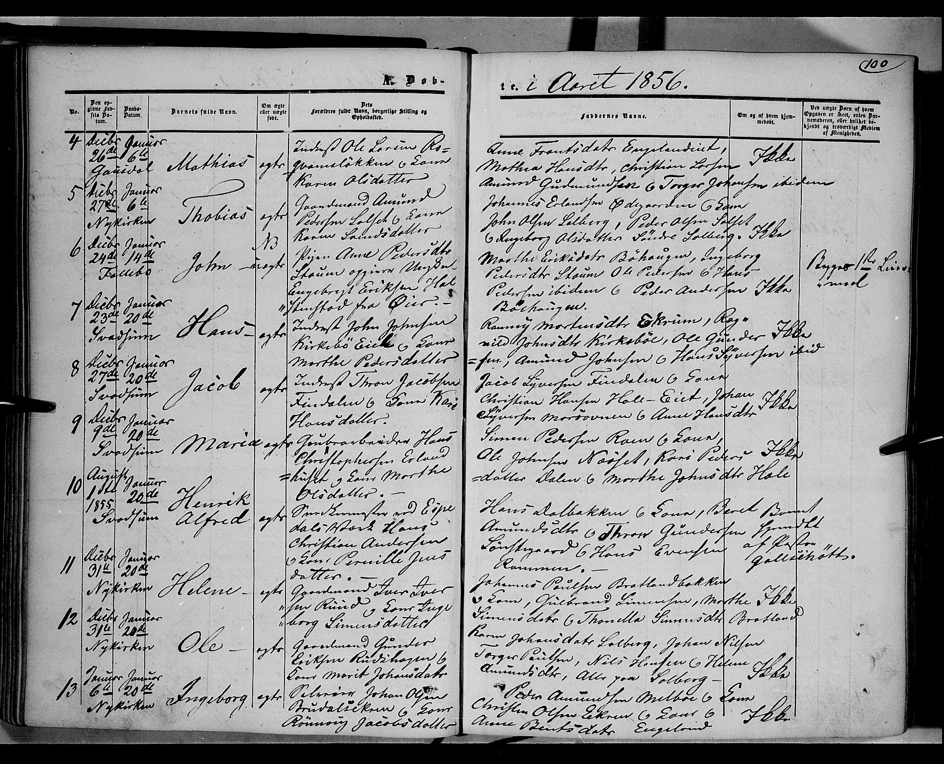 Gausdal prestekontor, SAH/PREST-090/H/Ha/Haa/L0008: Parish register (official) no. 8, 1850-1861, p. 100